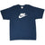 Full front view of navy blue Nike T-shirt with white spellout and Swoosh graphic