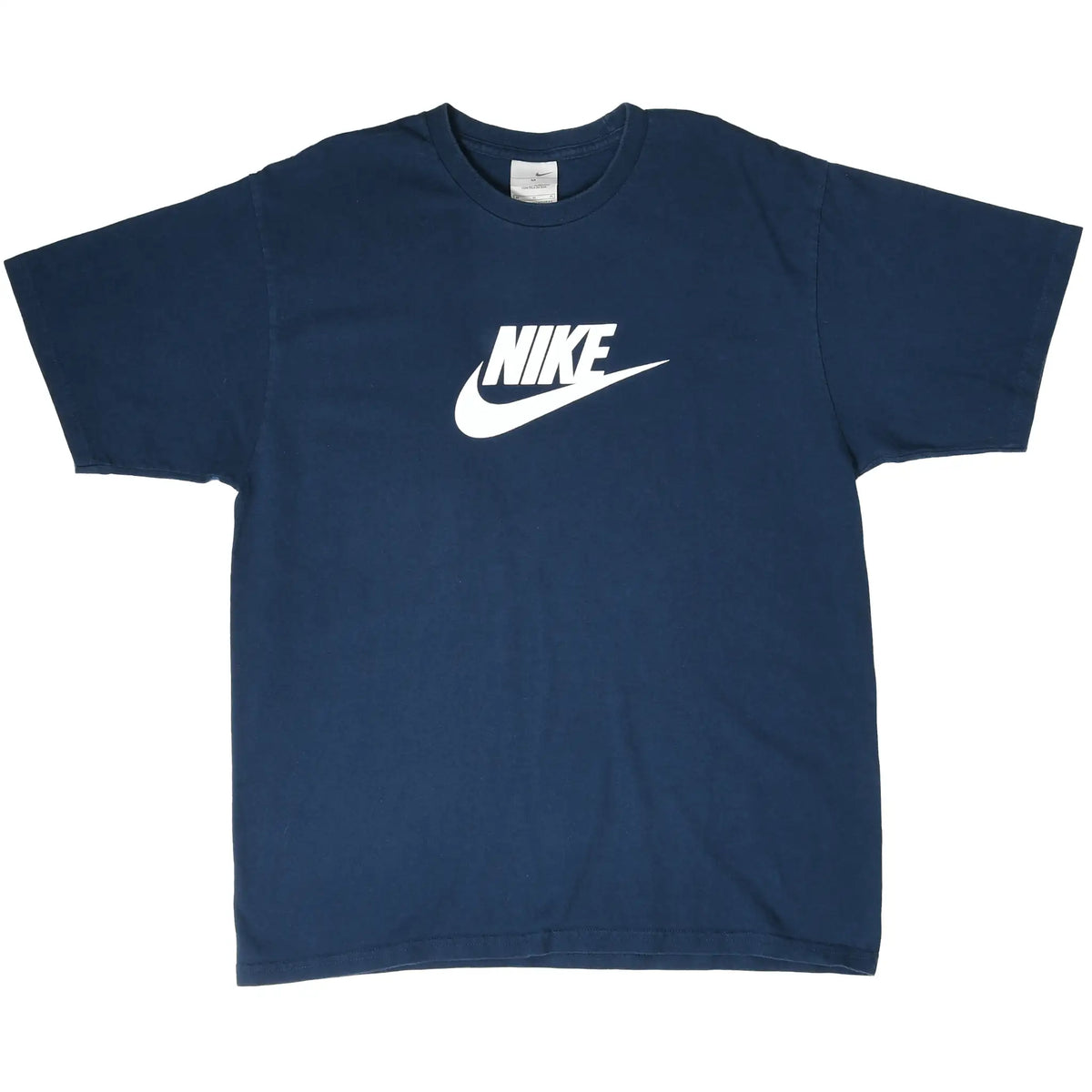 Full front view of navy blue Nike T-shirt with white spellout and Swoosh graphic