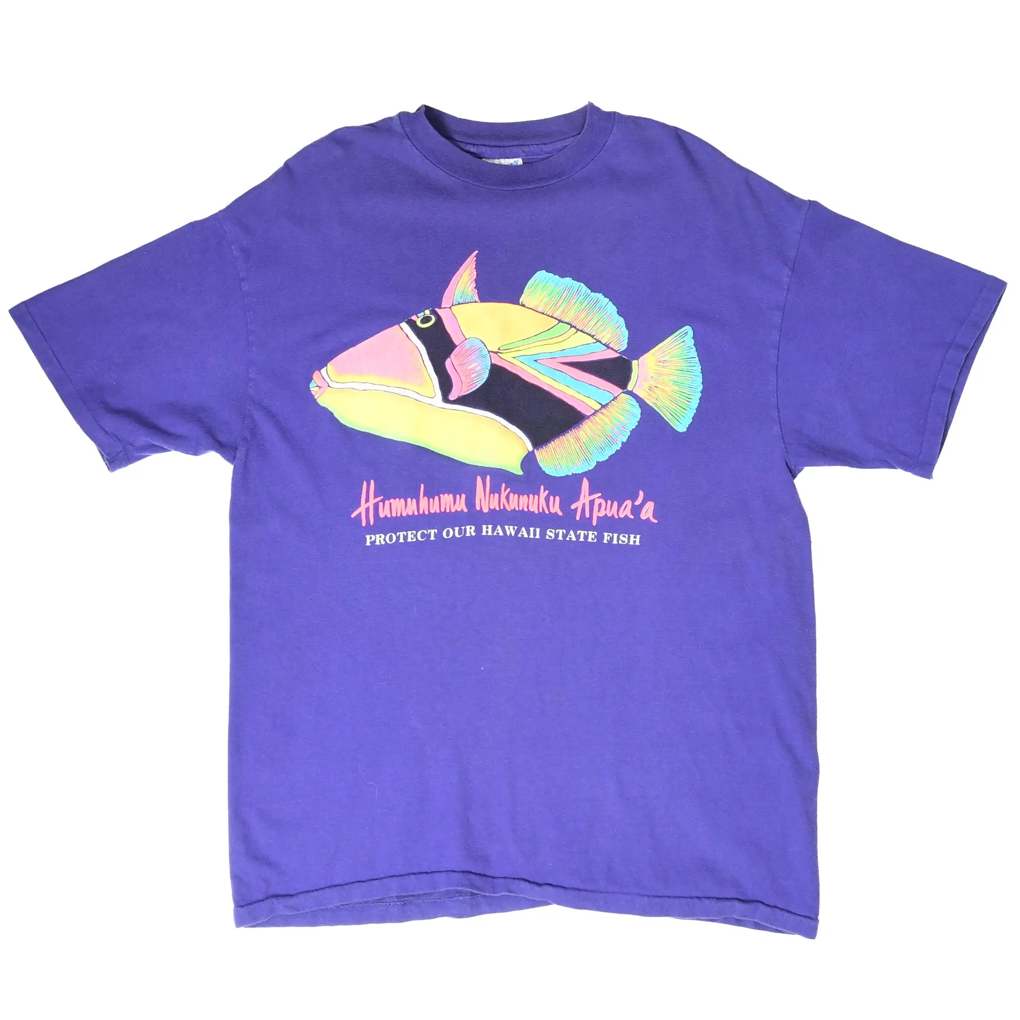 Full front view of purple T-shirt with colorful Hawaiian state fish graphic