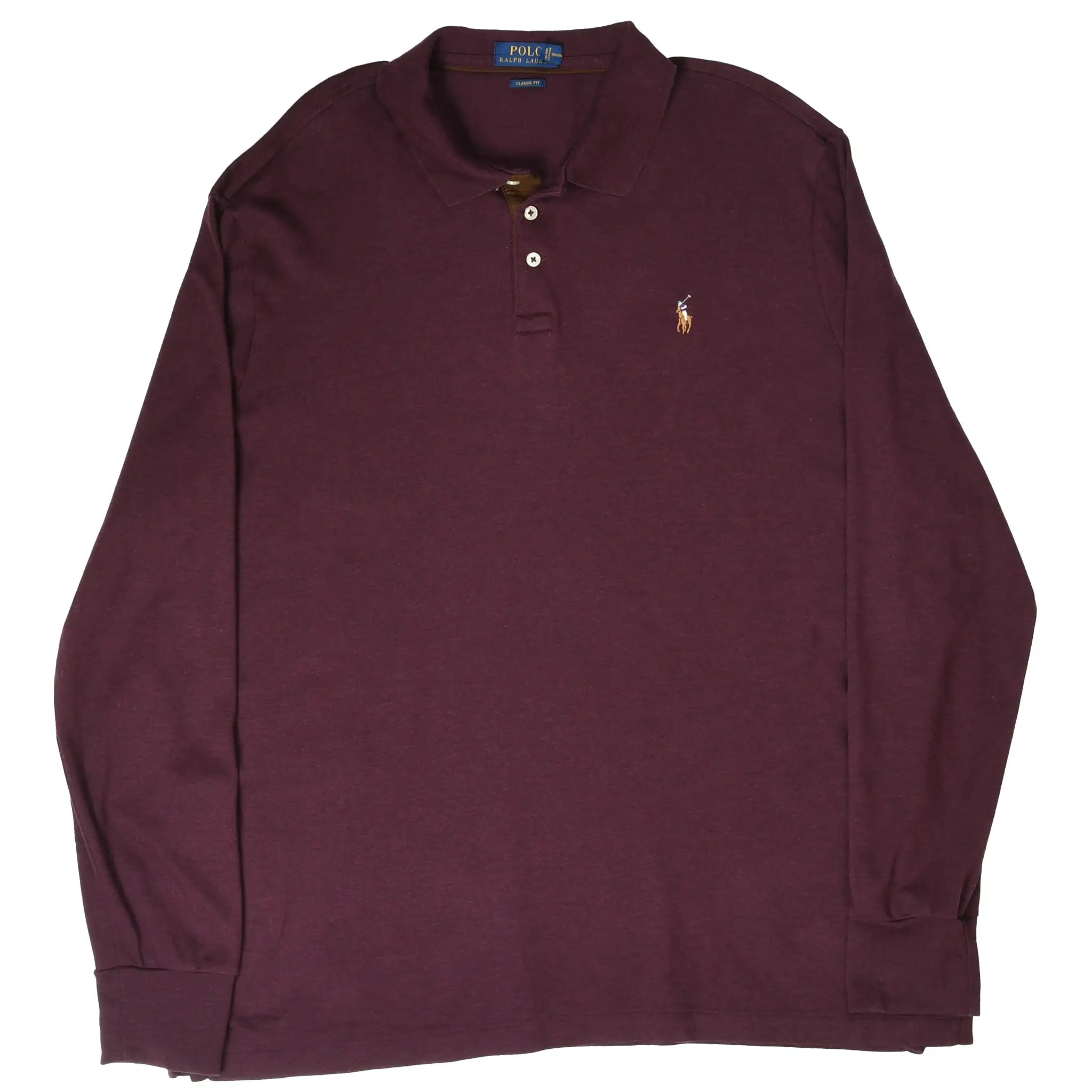 Full front view of burgundy Polo Ralph Lauren long-sleeve polo shirt laid flat