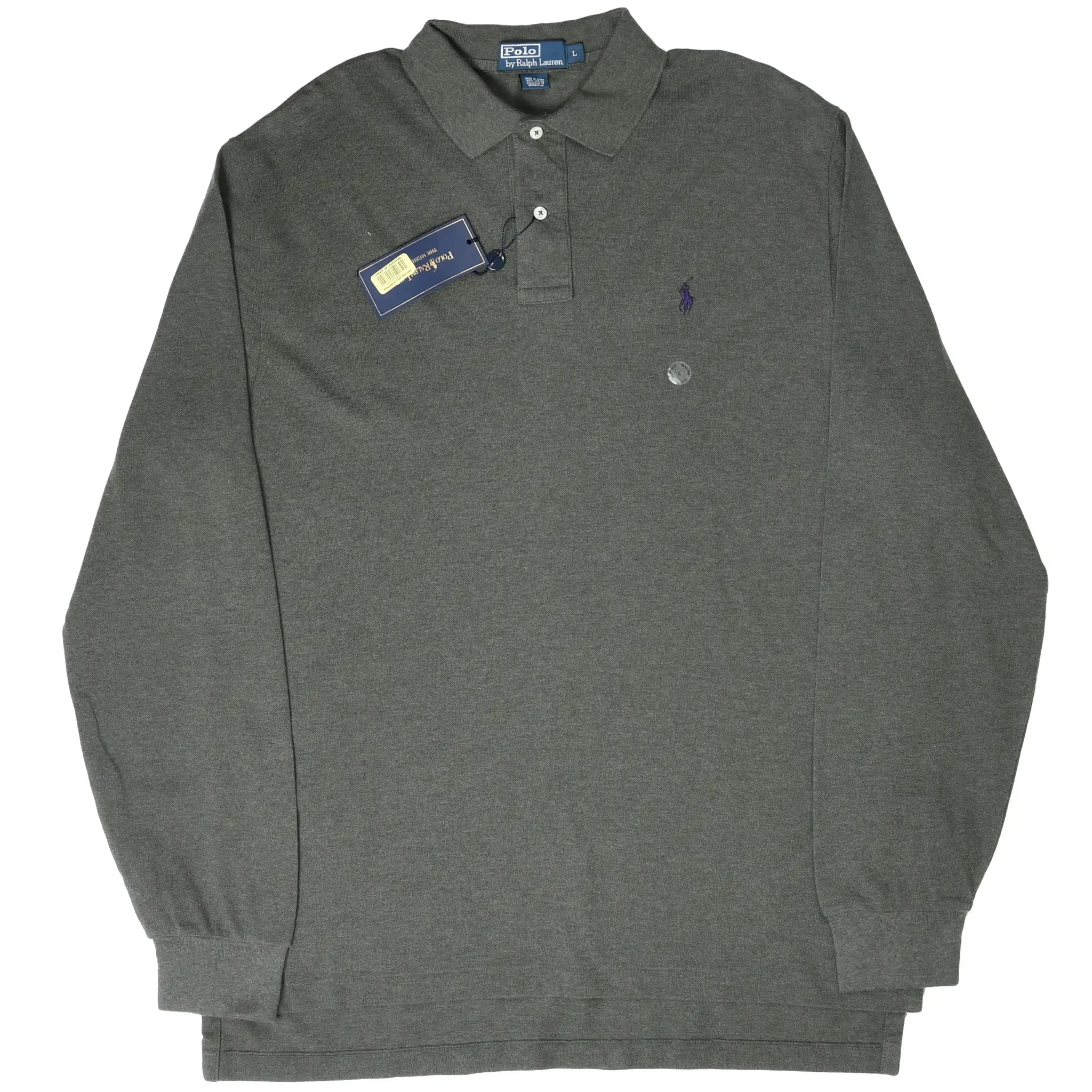 Front view of green Polo Ralph Lauren long-sleeve polo shirt with attached hangtag