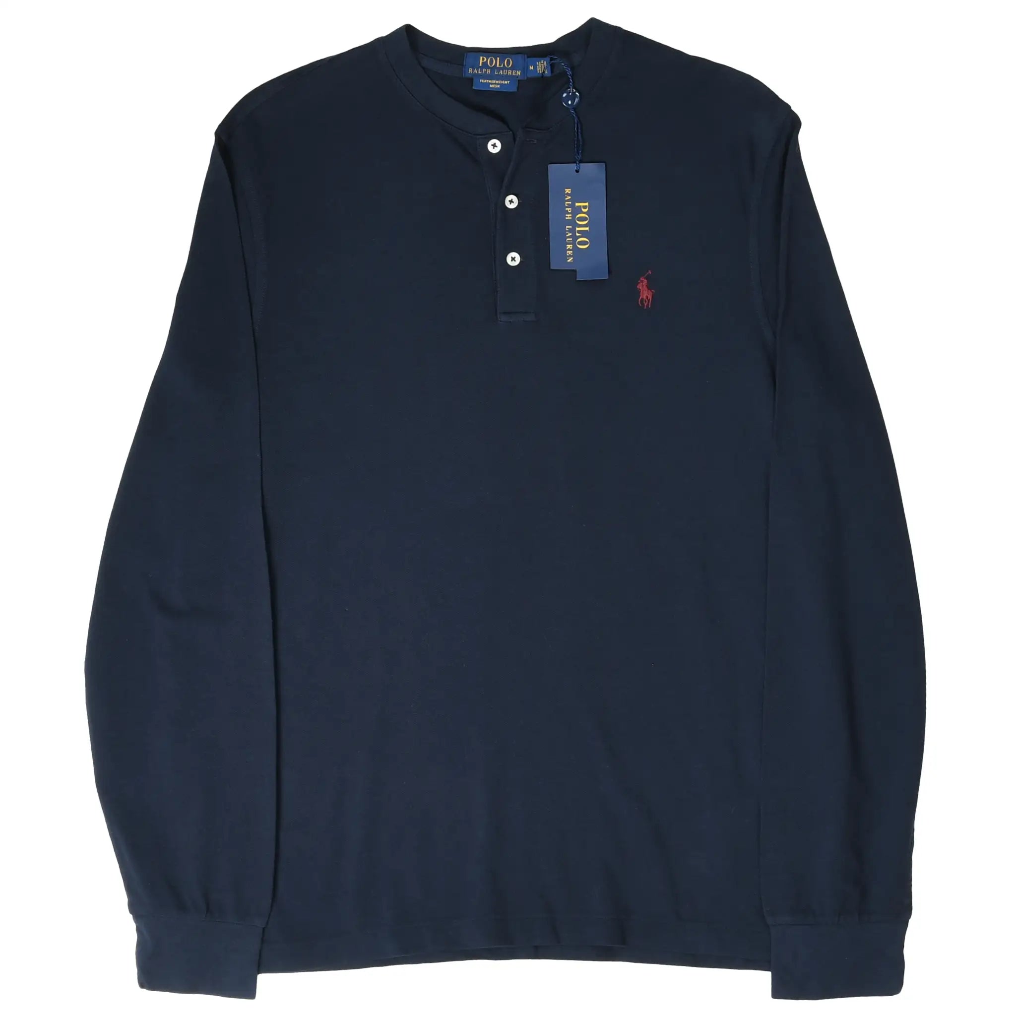 Front view of navy Polo Ralph Lauren Henley with button placket, red pony logo, and hangtag