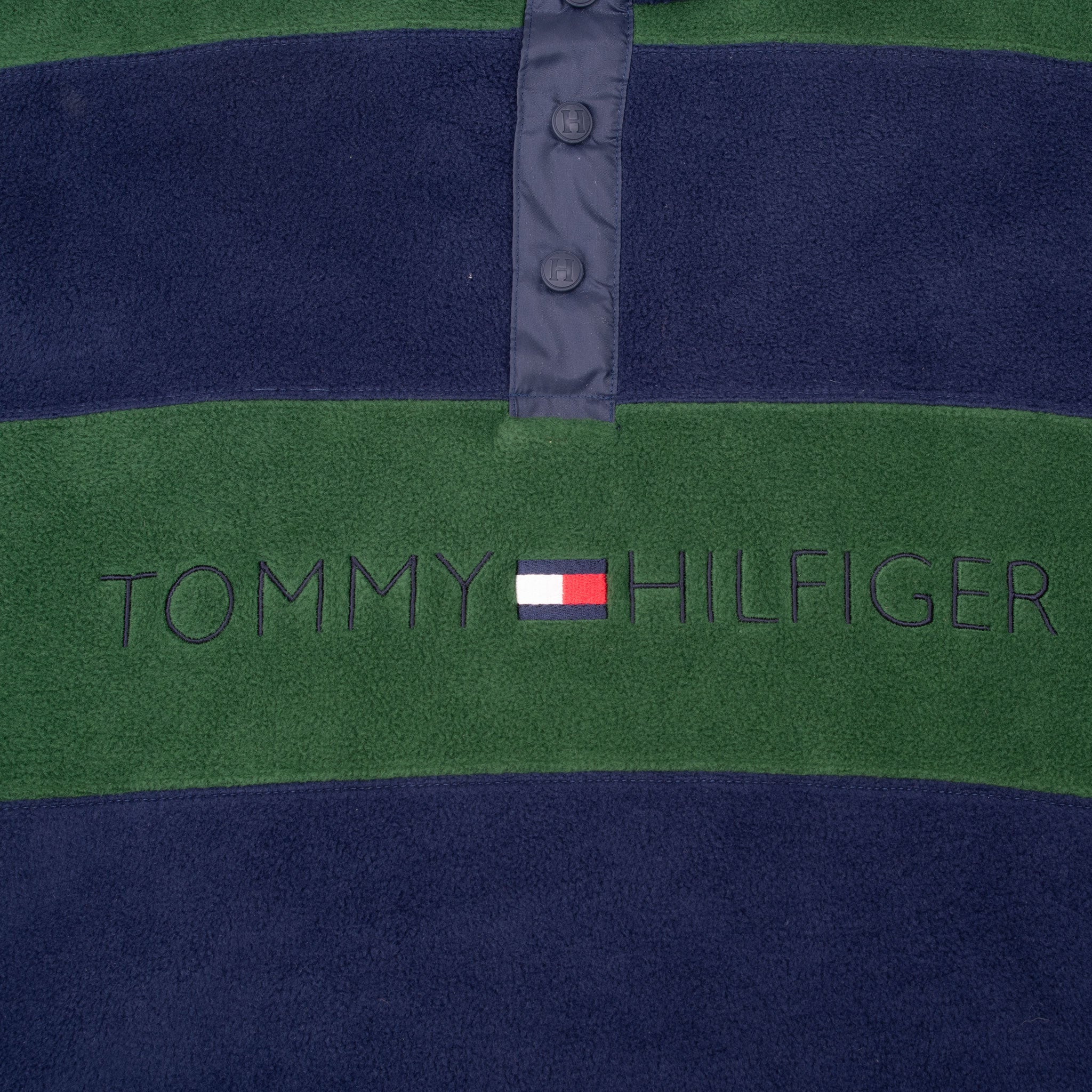Vintage Tommy Hilfiger Blue Green Stripes Pullover Fleece Jacket 1990S Size Medium