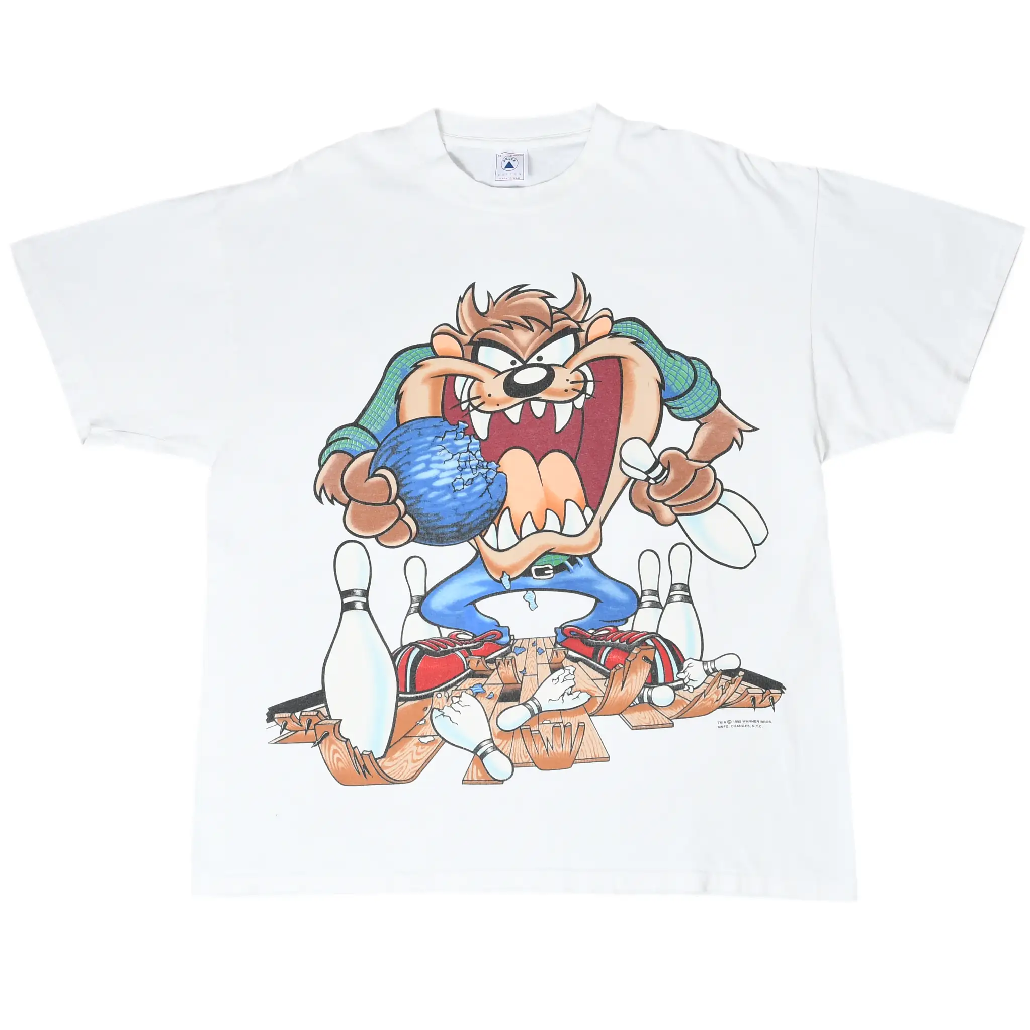 Front of white Looney Tunes T-shirt with Taz bowling graphic