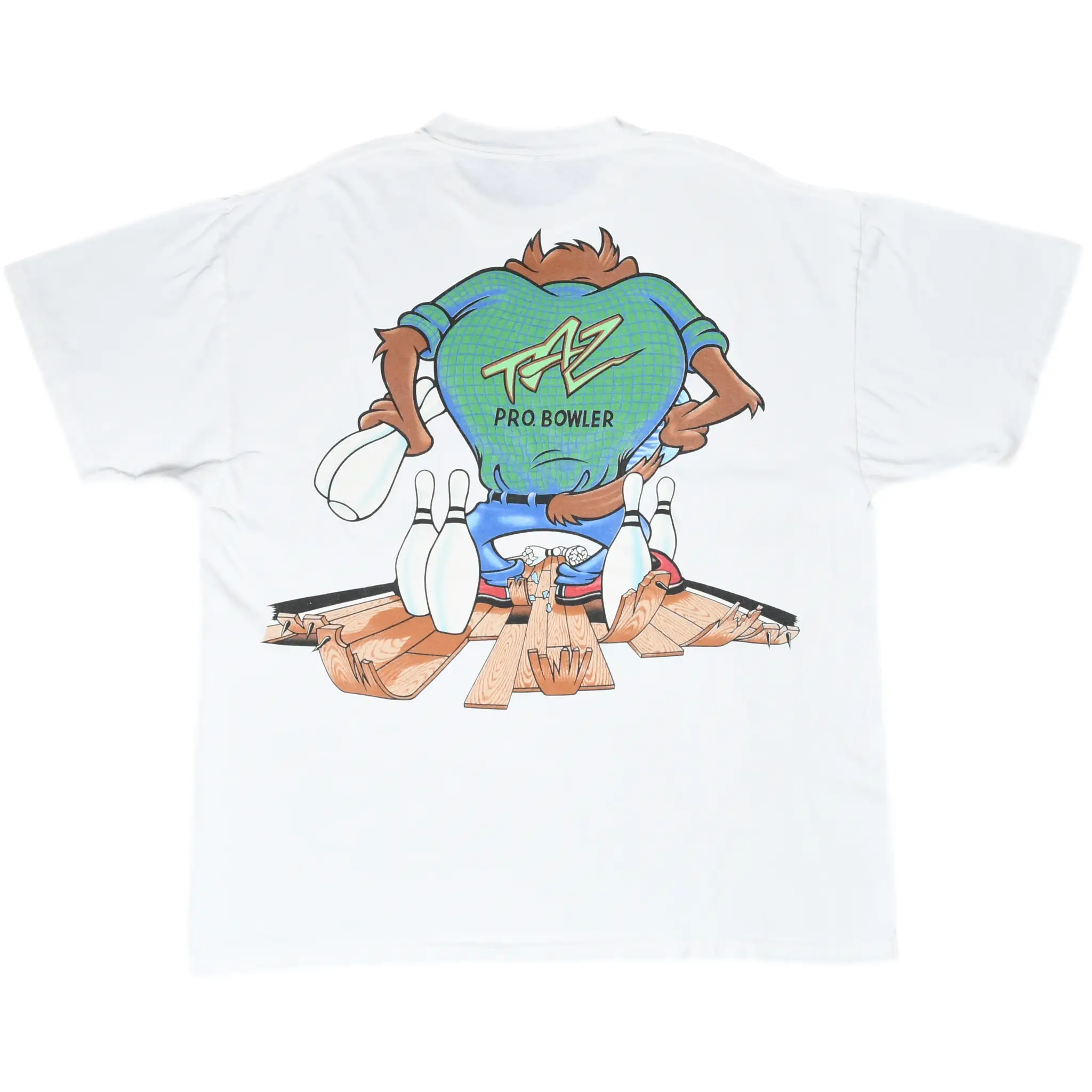 Back of white Looney Tunes T-shirt with Taz Pro Bowler graphic and bowling pins