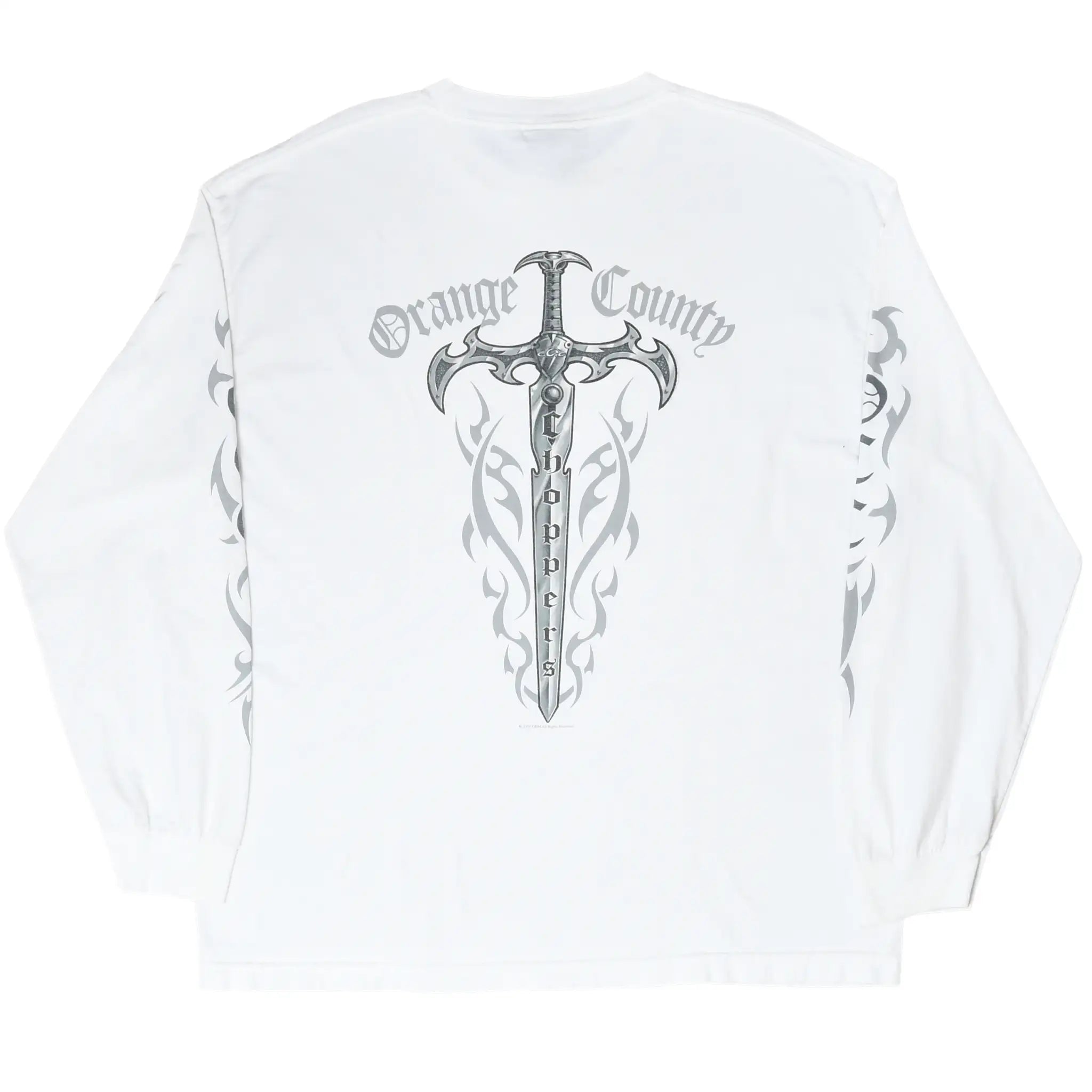Back of white Orange County Choppers long-sleeve T-shirt with gray sword and tribal graphic