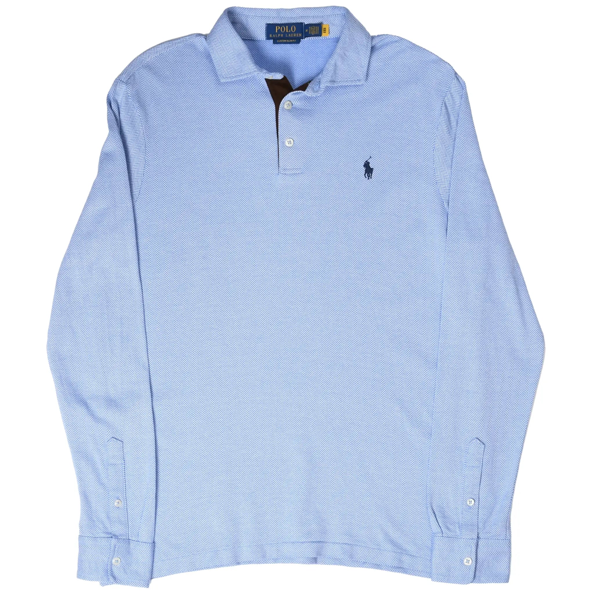 Front angled view of light blue Polo Ralph Lauren long-sleeve polo shirt