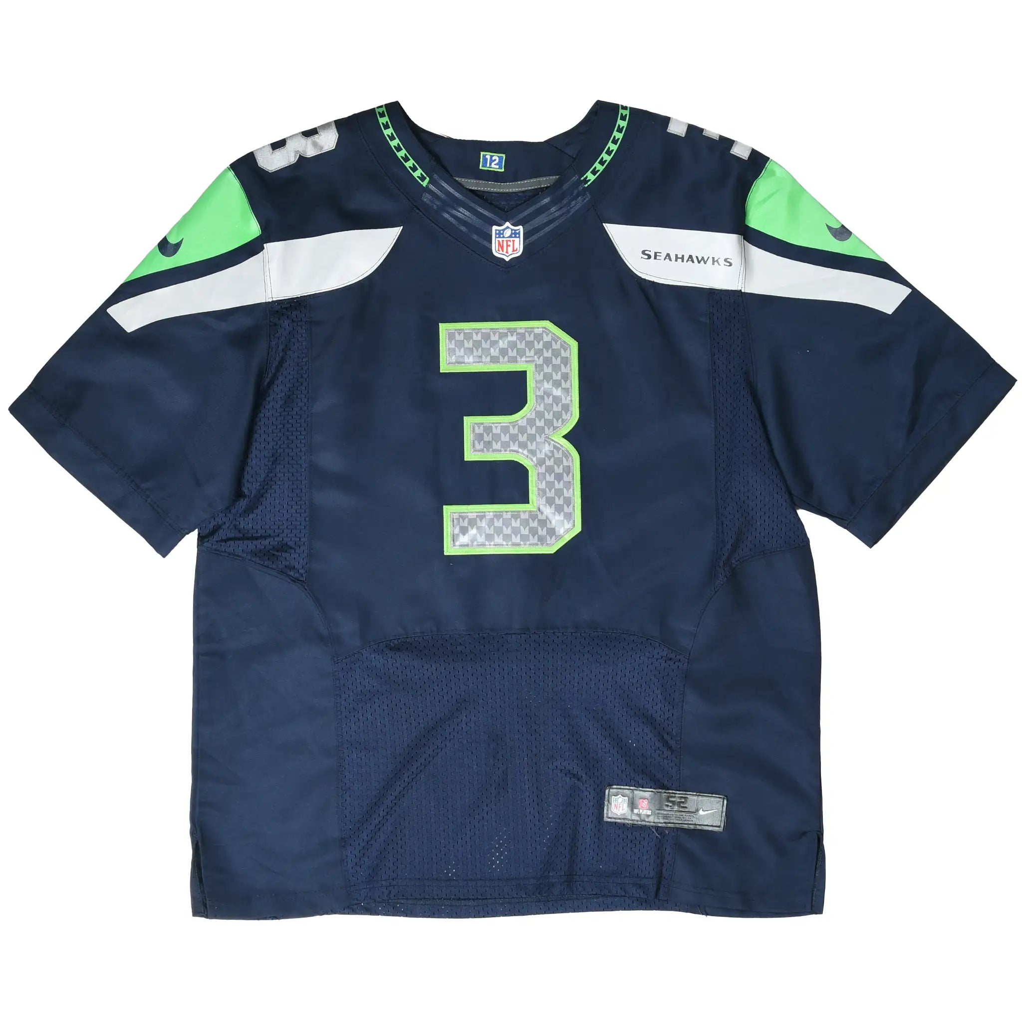 Front of navy Seattle Seahawks Russell Wilson Nike jersey with silver and green number 3