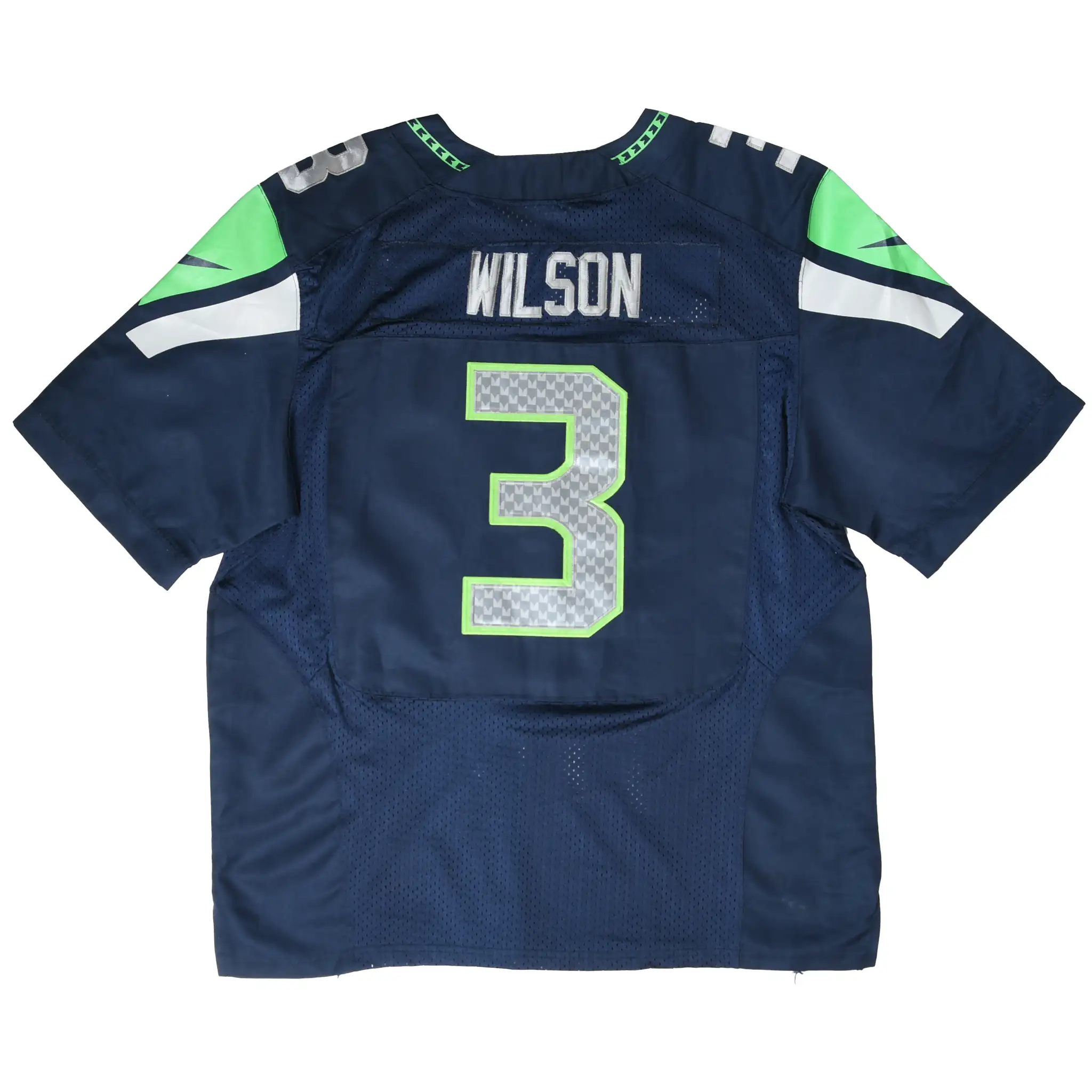 Back of navy Seattle Seahawks Nike jersey with Wilson name and silver and green number 3