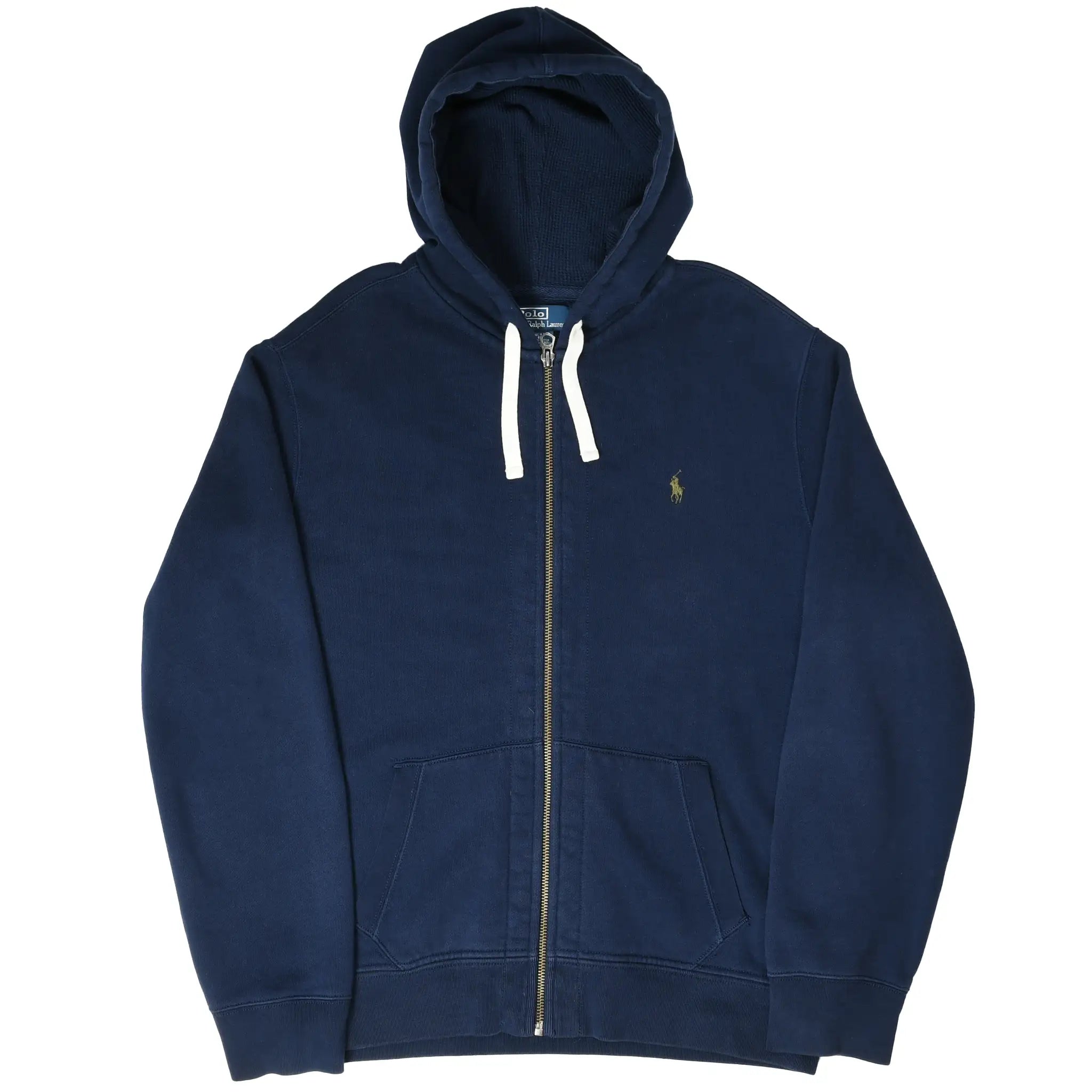 Front view of navy blue Polo Ralph Lauren zip hoodie with pouch pockets and pony logo