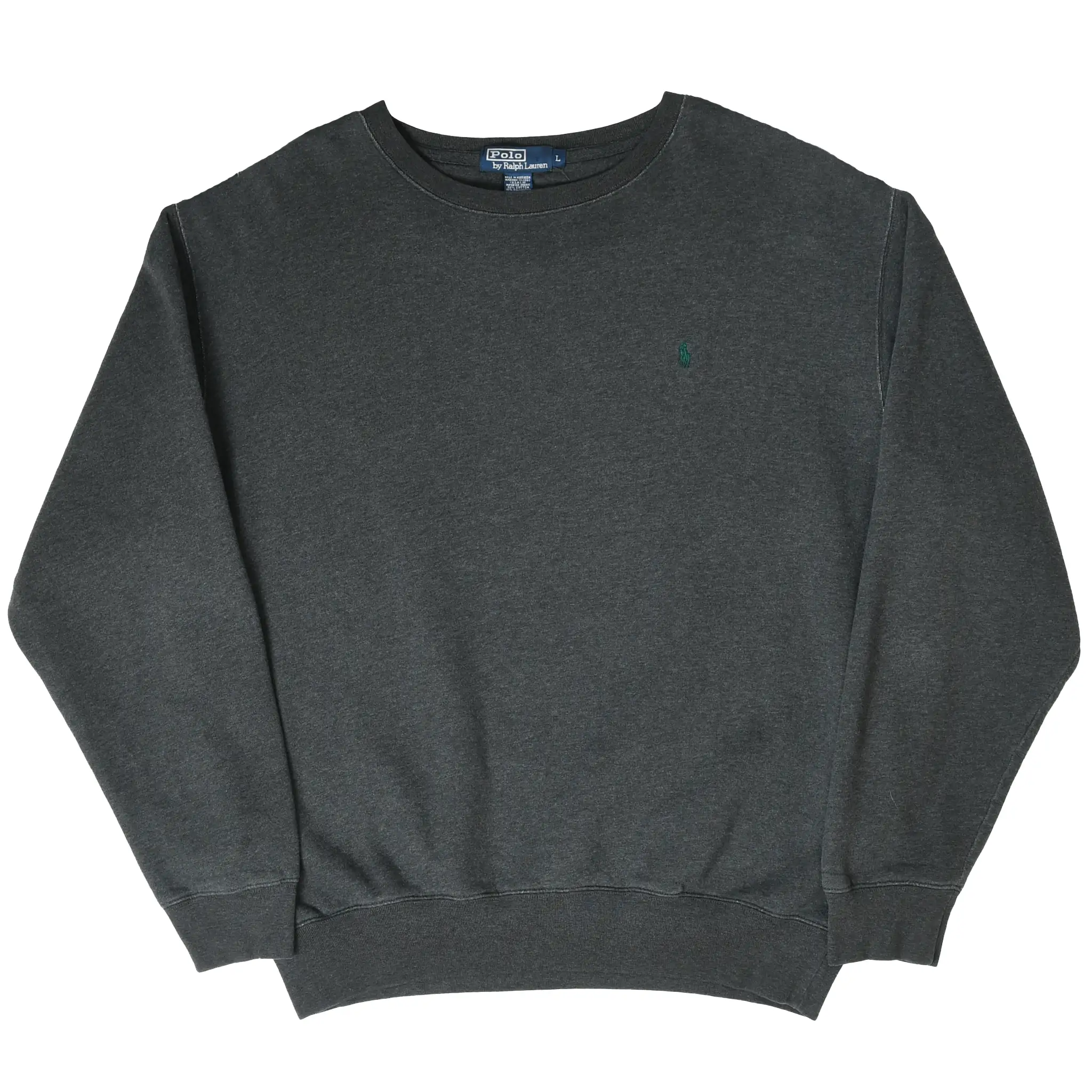 Full front view of dark grey Polo Ralph Lauren crewneck sweatshirt