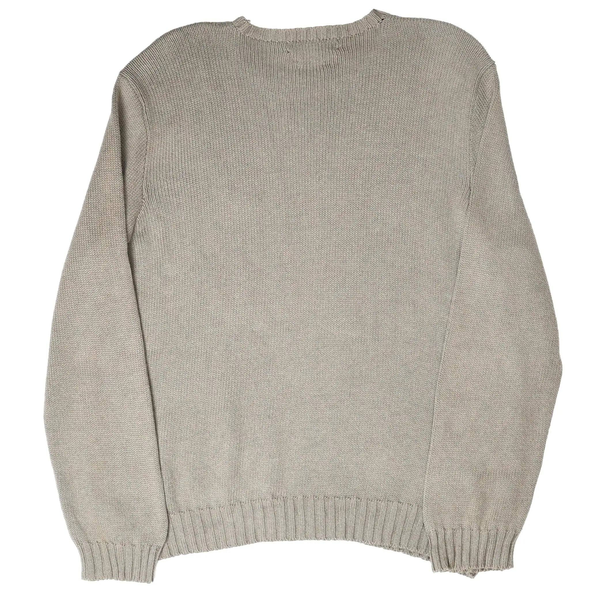 Back view of sage green Polo Ralph Lauren knit crewneck sweater