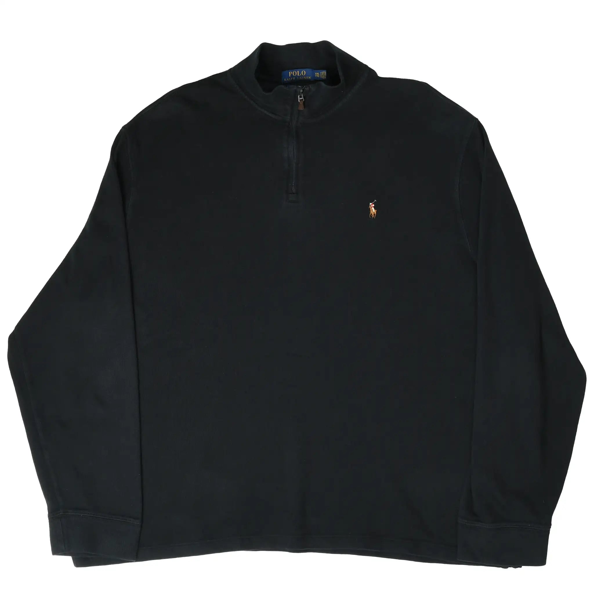 Full front of black Polo Ralph Lauren quarter-zip sweater with embroidered pony logo