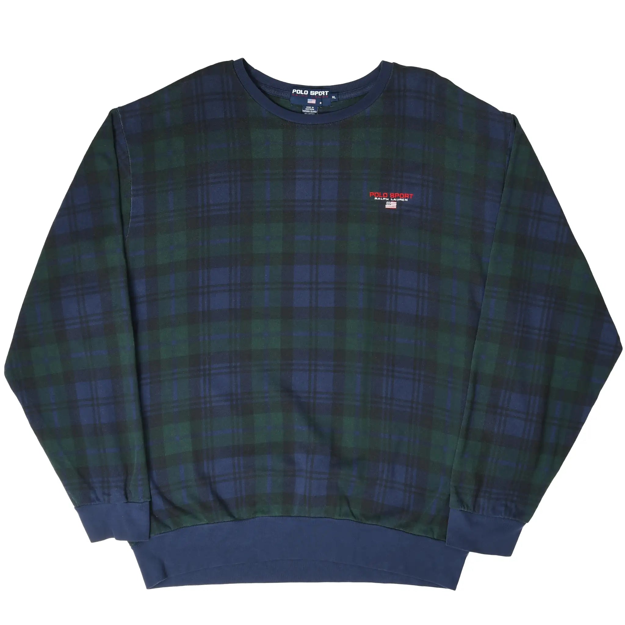 Full front view of Polo Sport Ralph Lauren blue and green plaid sweatshirt