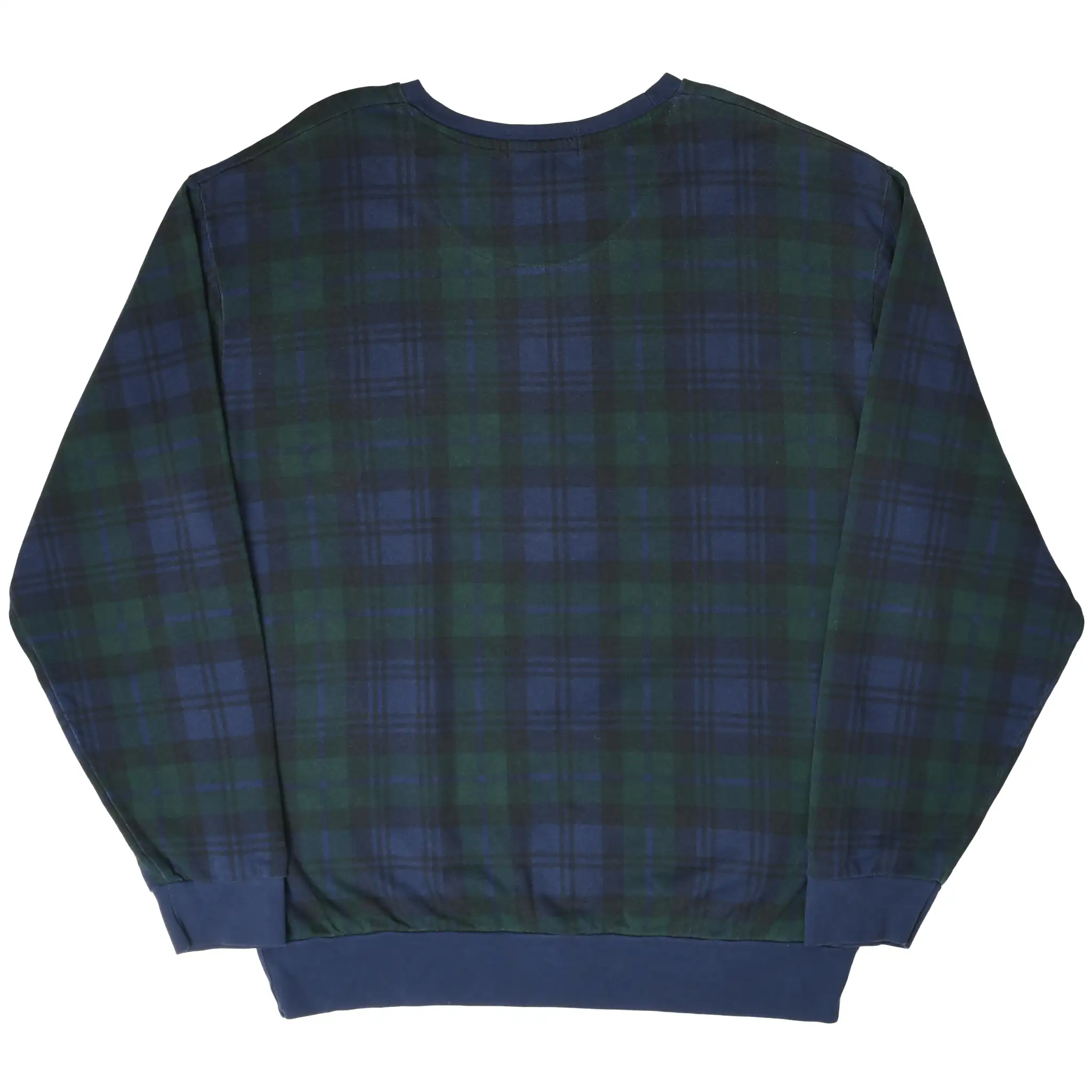 Back of Polo Sport Ralph Lauren blue and green plaid crewneck sweatshirt