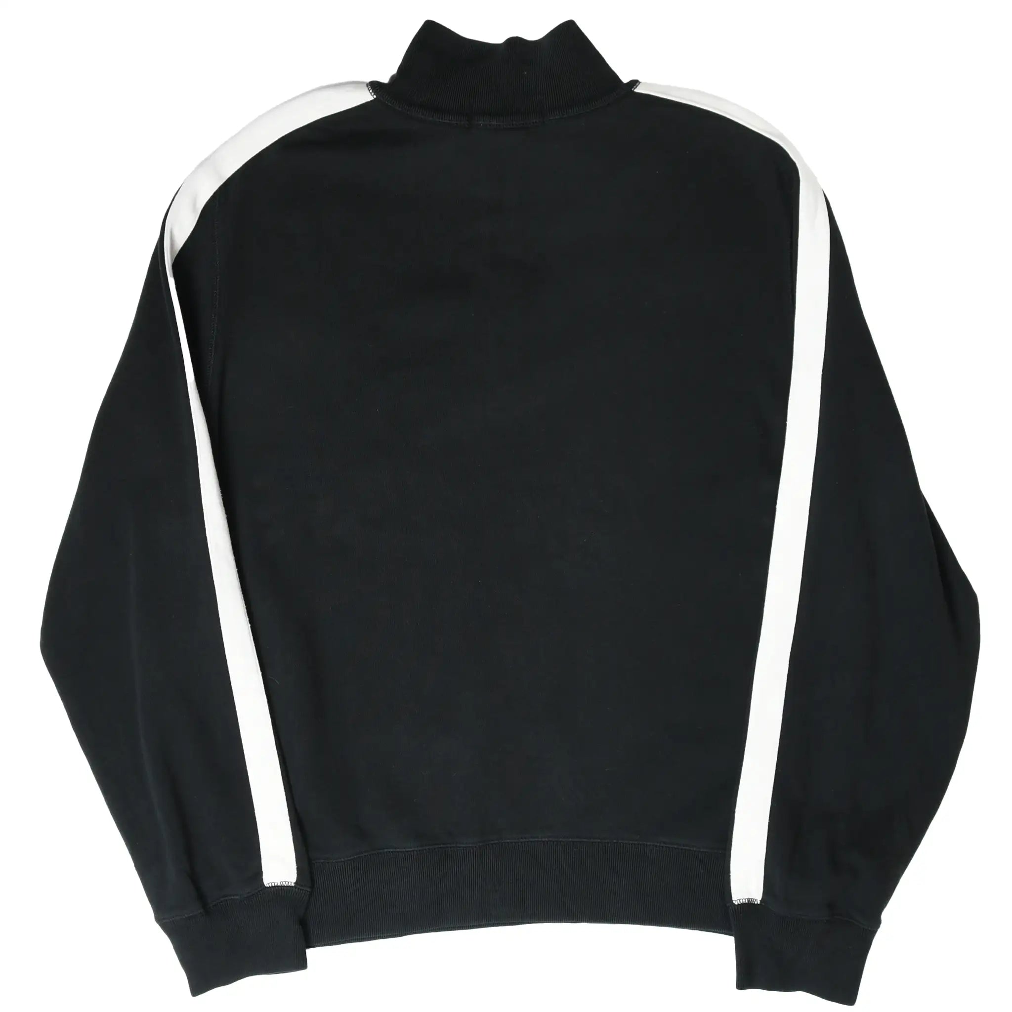 Back of black Polo Ralph Lauren quarter-zip sweatshirt with white side stripes