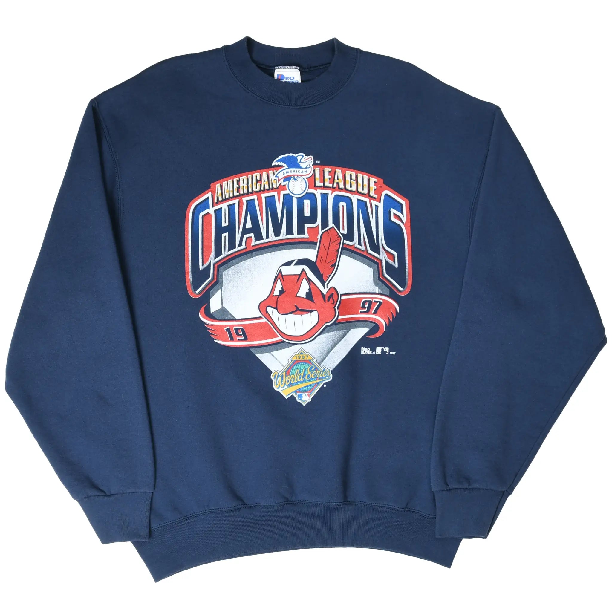 Full front view of navy Cleveland Indians sweatshirt with 1997 American League Champions graphic