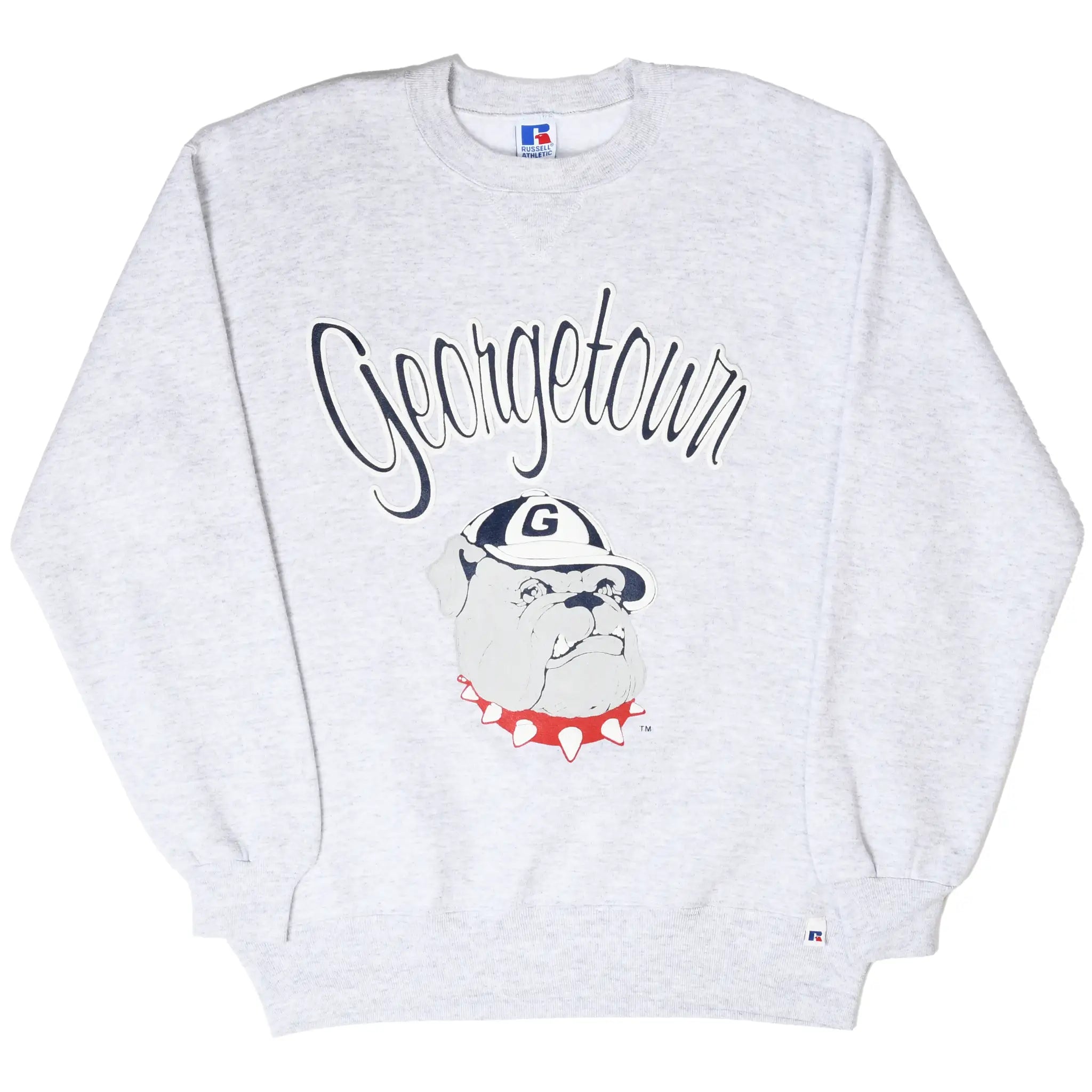 Full front view of gray Georgetown Hoyas crewneck sweatshirt with bulldog graphic