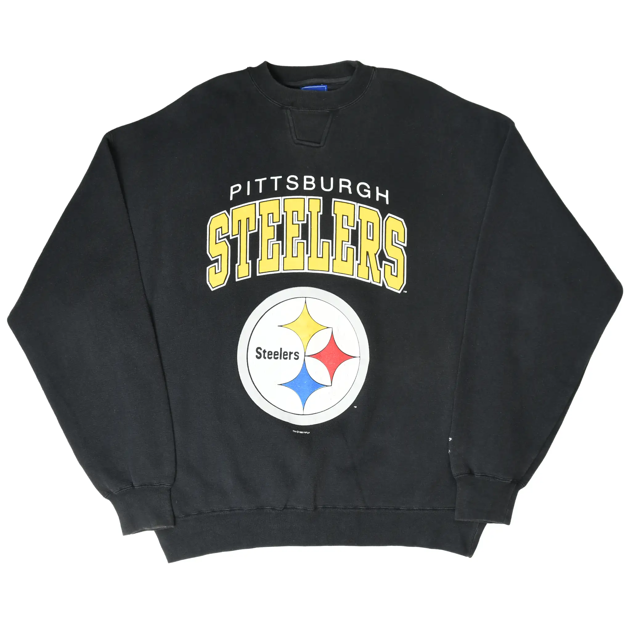 Full front view of black Pittsburgh Steelers sweatshirt with team logo graphic