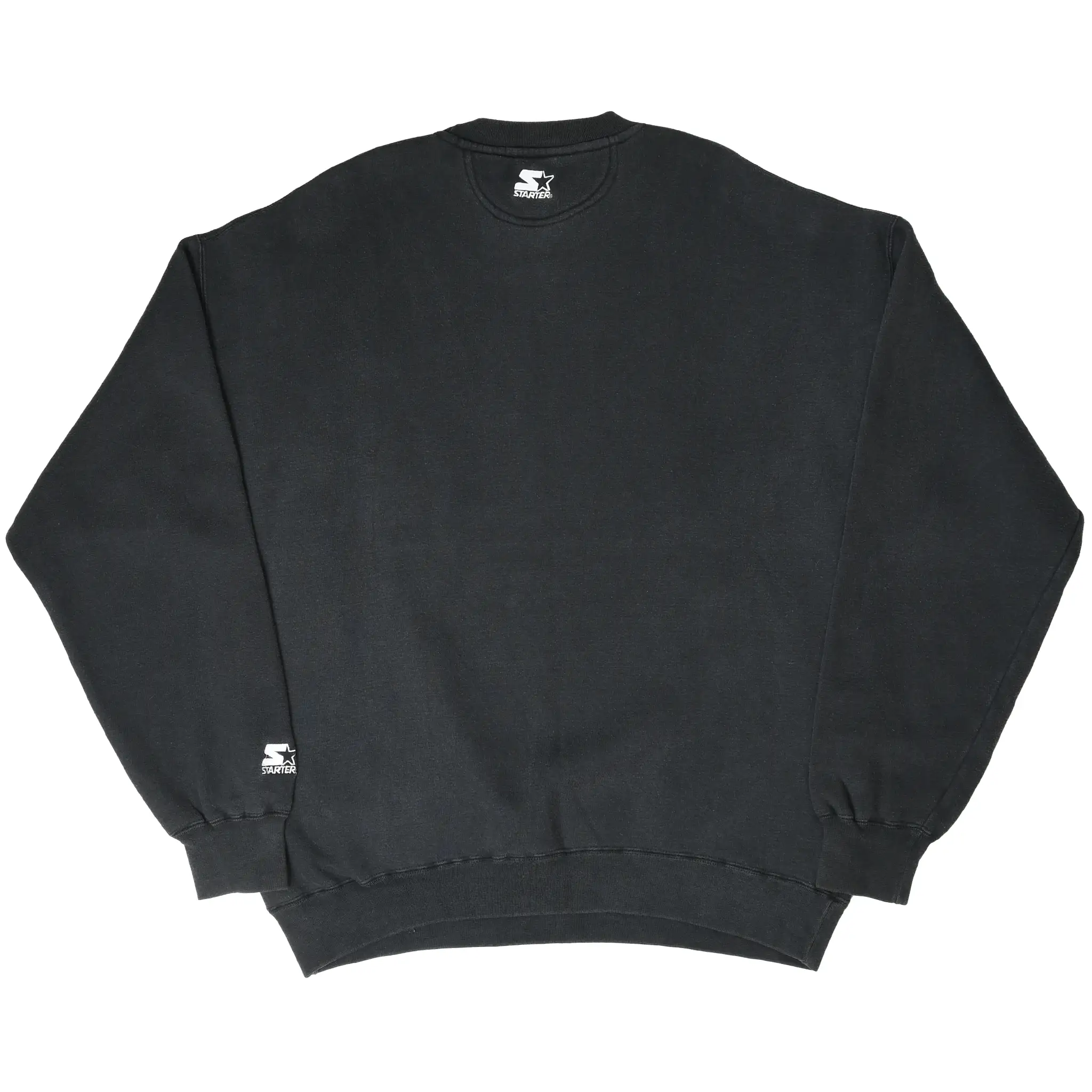 Back of black Starter Pittsburgh Steelers sweatshirt with small neck and sleeve logos