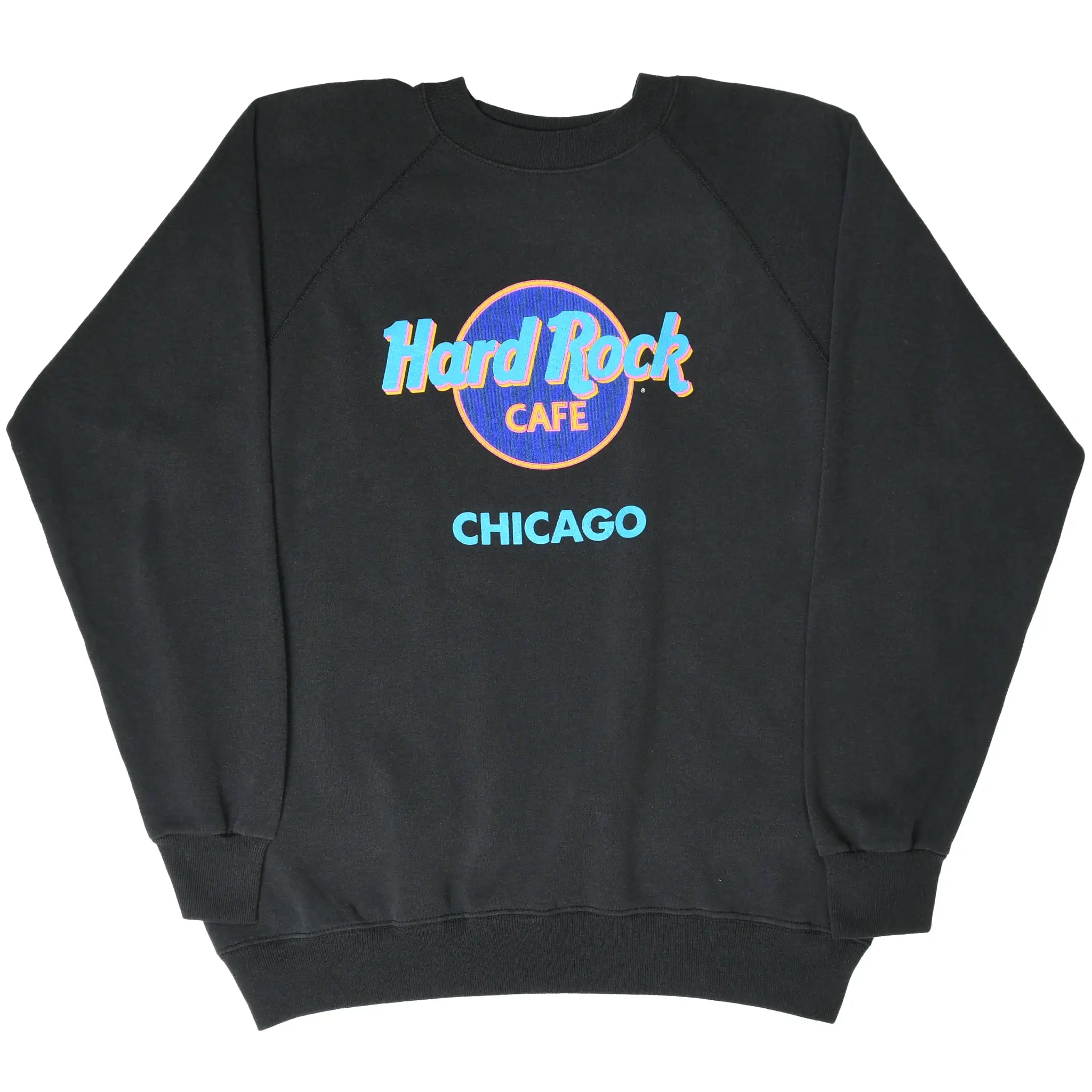 Full front of black Hard Rock Cafe Chicago sweatshirt with colorful logo