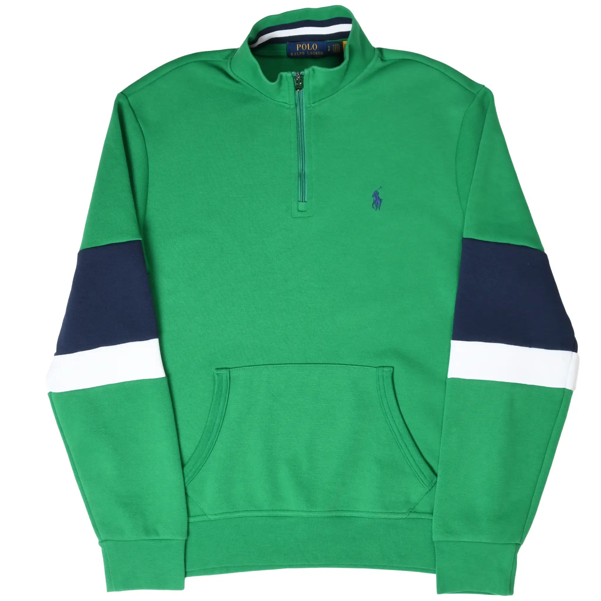 Front of green Polo Ralph Lauren quarter-zip sweater with kangaroo pocket and embroidered pony