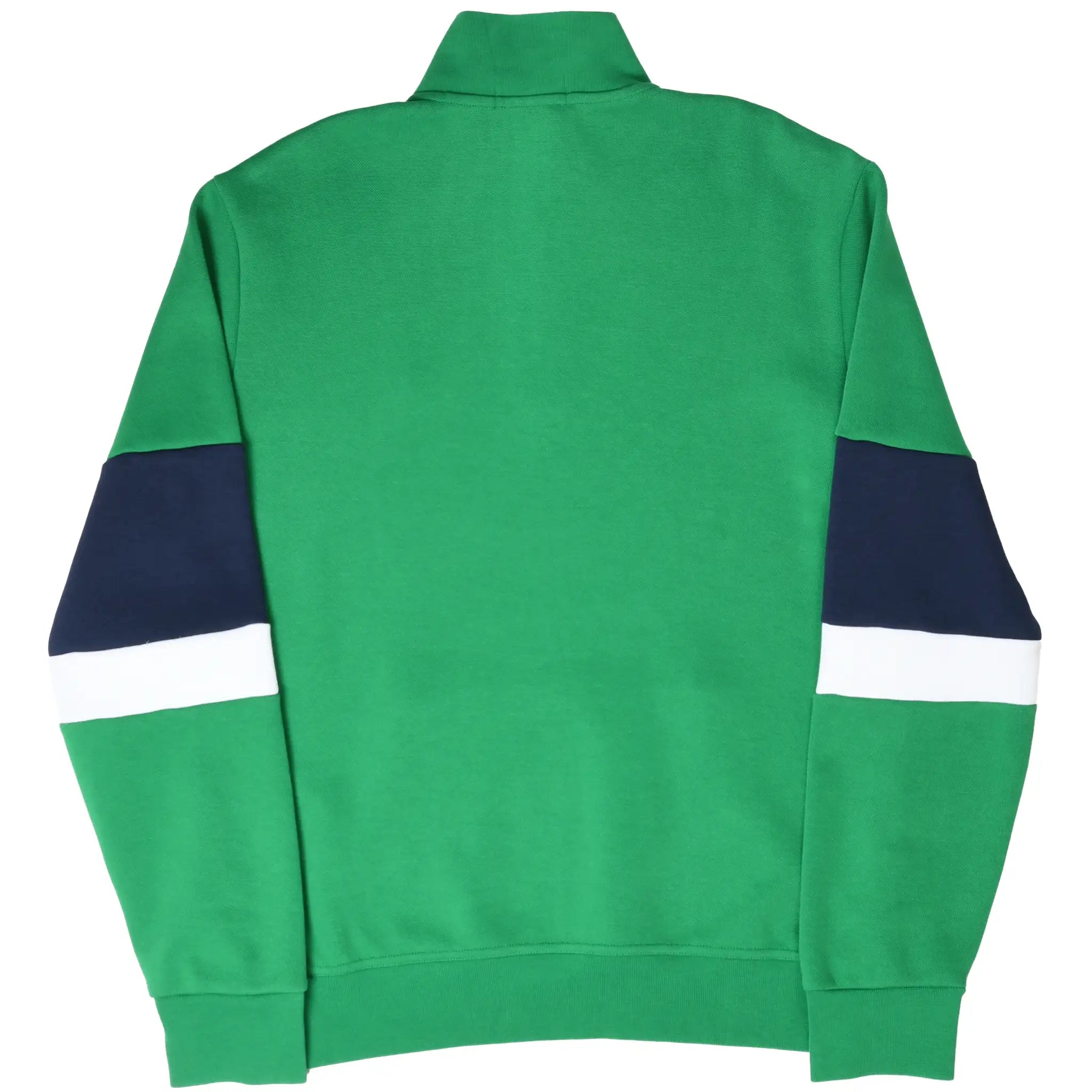 Back of green Polo Ralph Lauren quarter-zip sweater with navy and white sleeve stripes