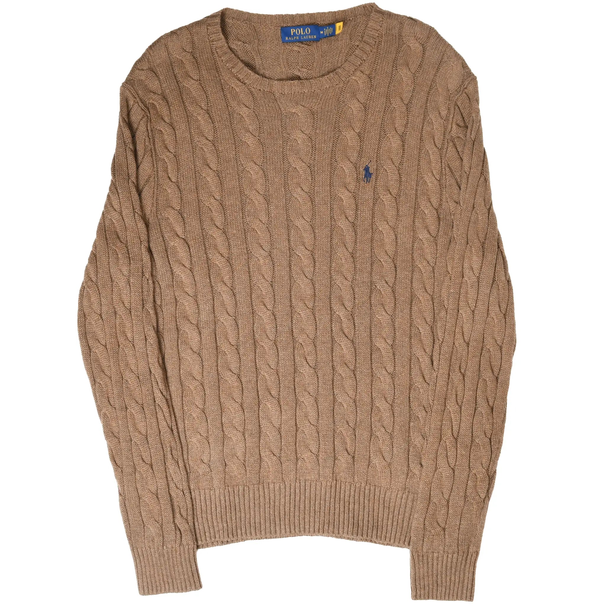 Full front view of brown Polo Ralph Lauren cable-knit sweater with ribbed cuffs and hem