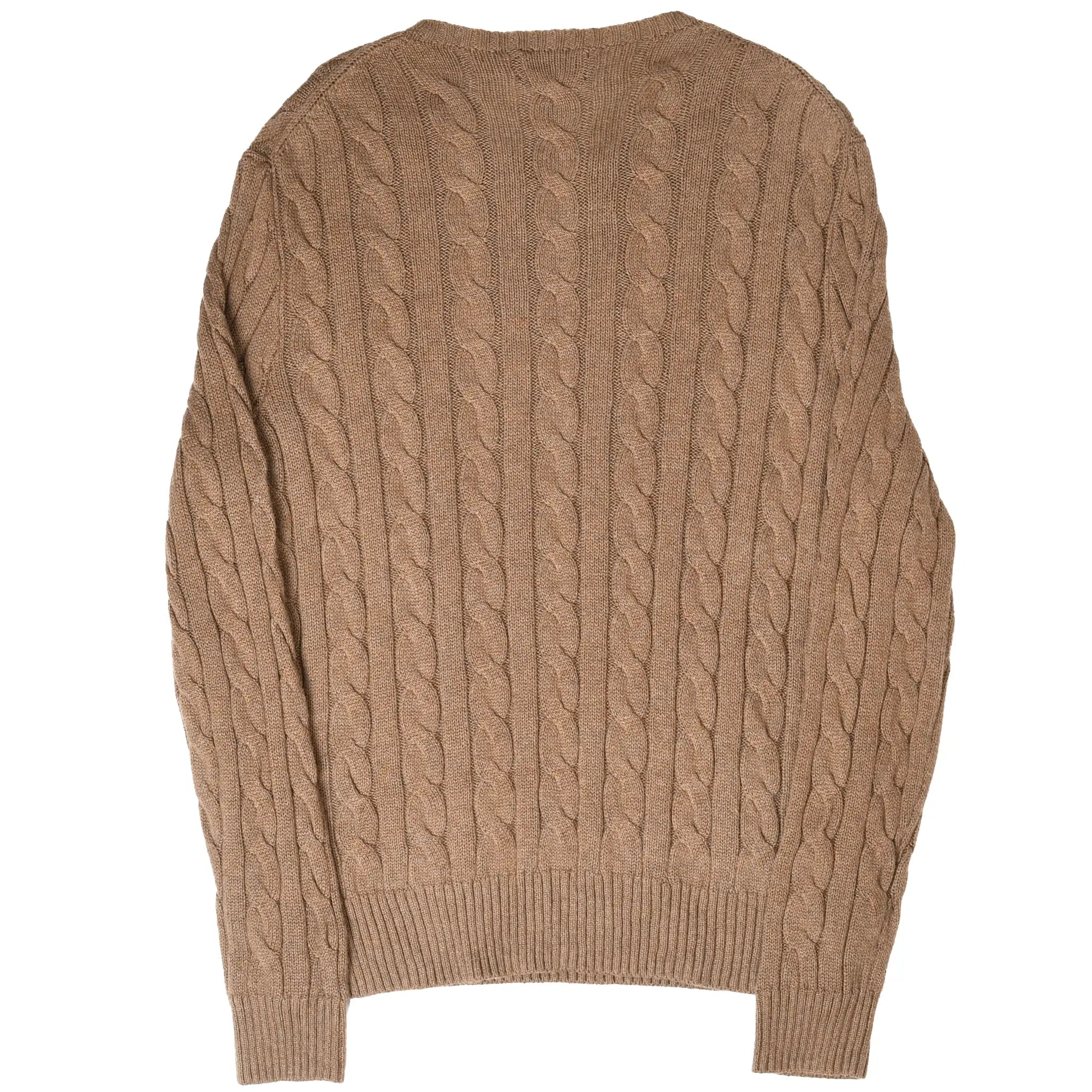 Back of brown Polo Ralph Lauren cable-knit crewneck sweater