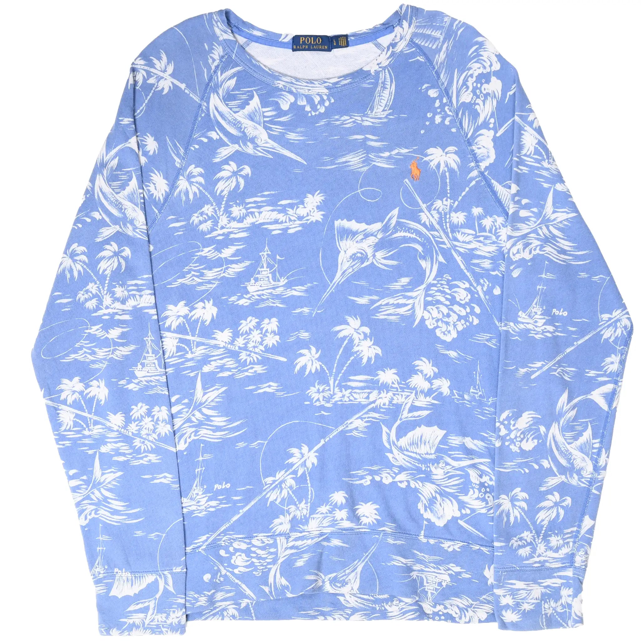 Full front view of blue Polo Ralph Lauren sweatshirt with swordfish fishing print
