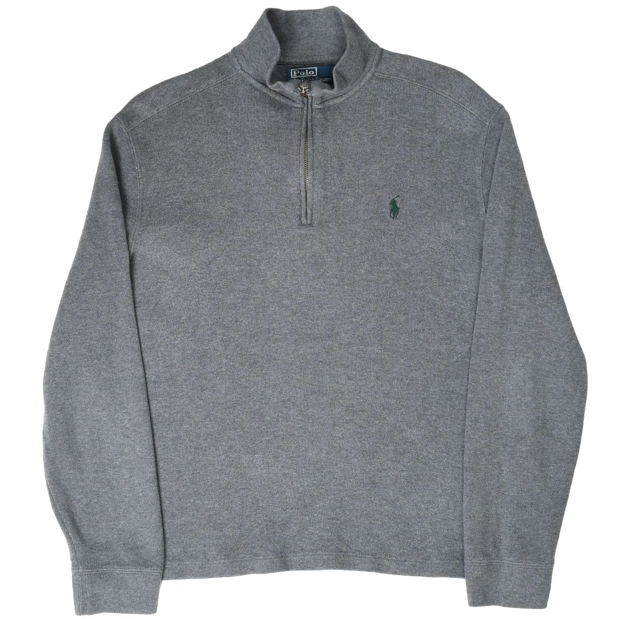 Full front view of dark grey Polo Ralph Lauren quarter-zip sweater
