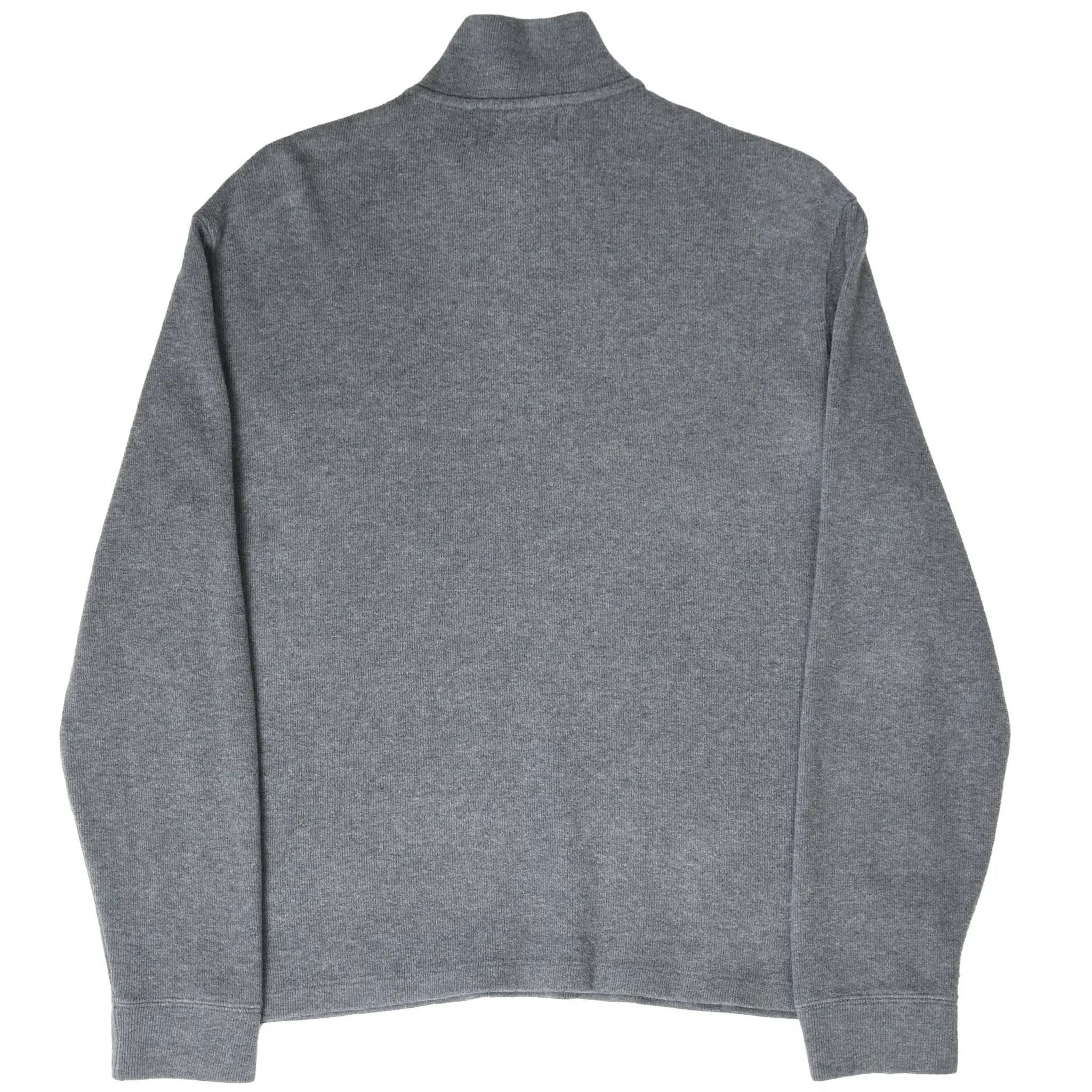 Back of dark grey Polo Ralph Lauren quarter-zip sweater