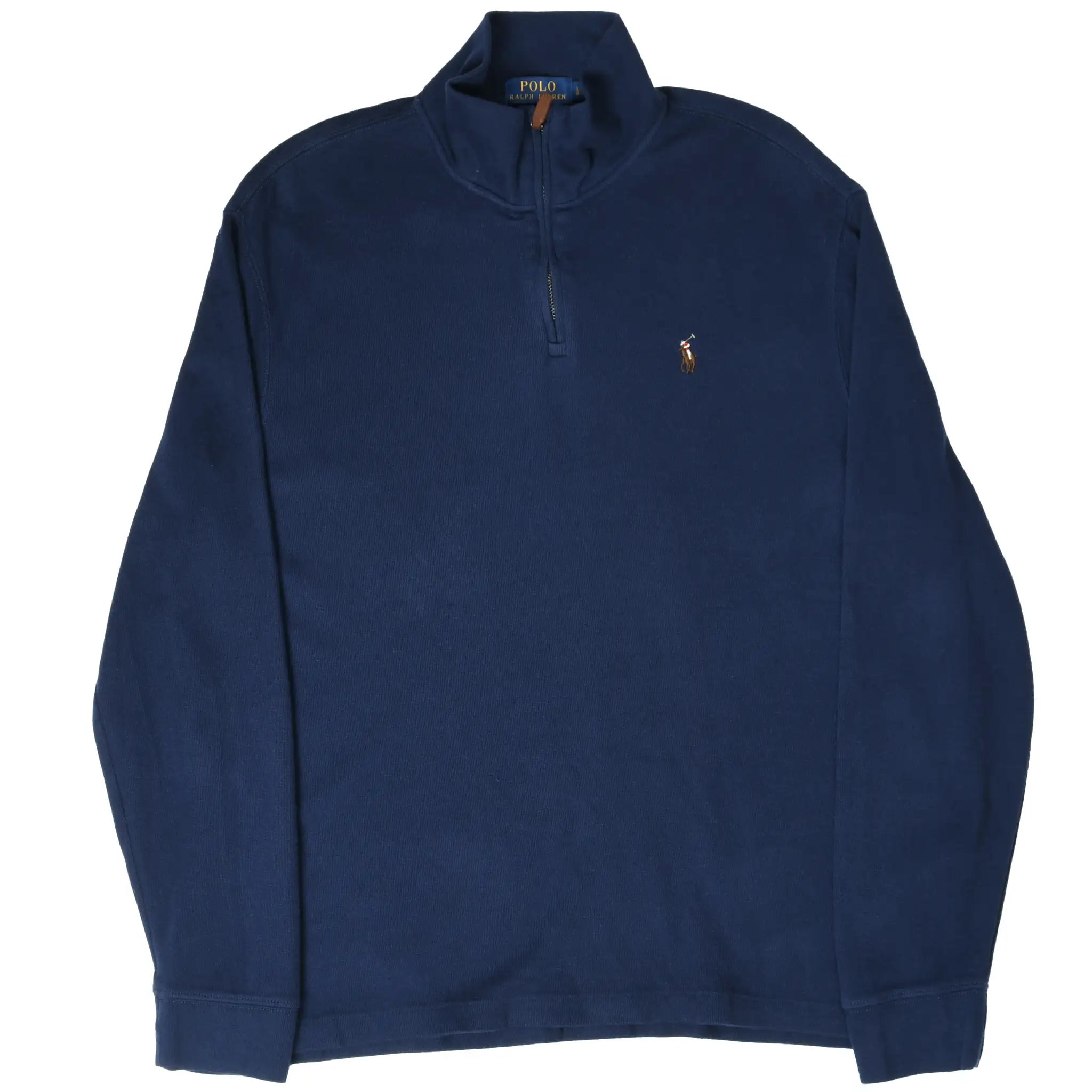 Full front view of Polo Ralph Lauren navy quarter-zip sweater