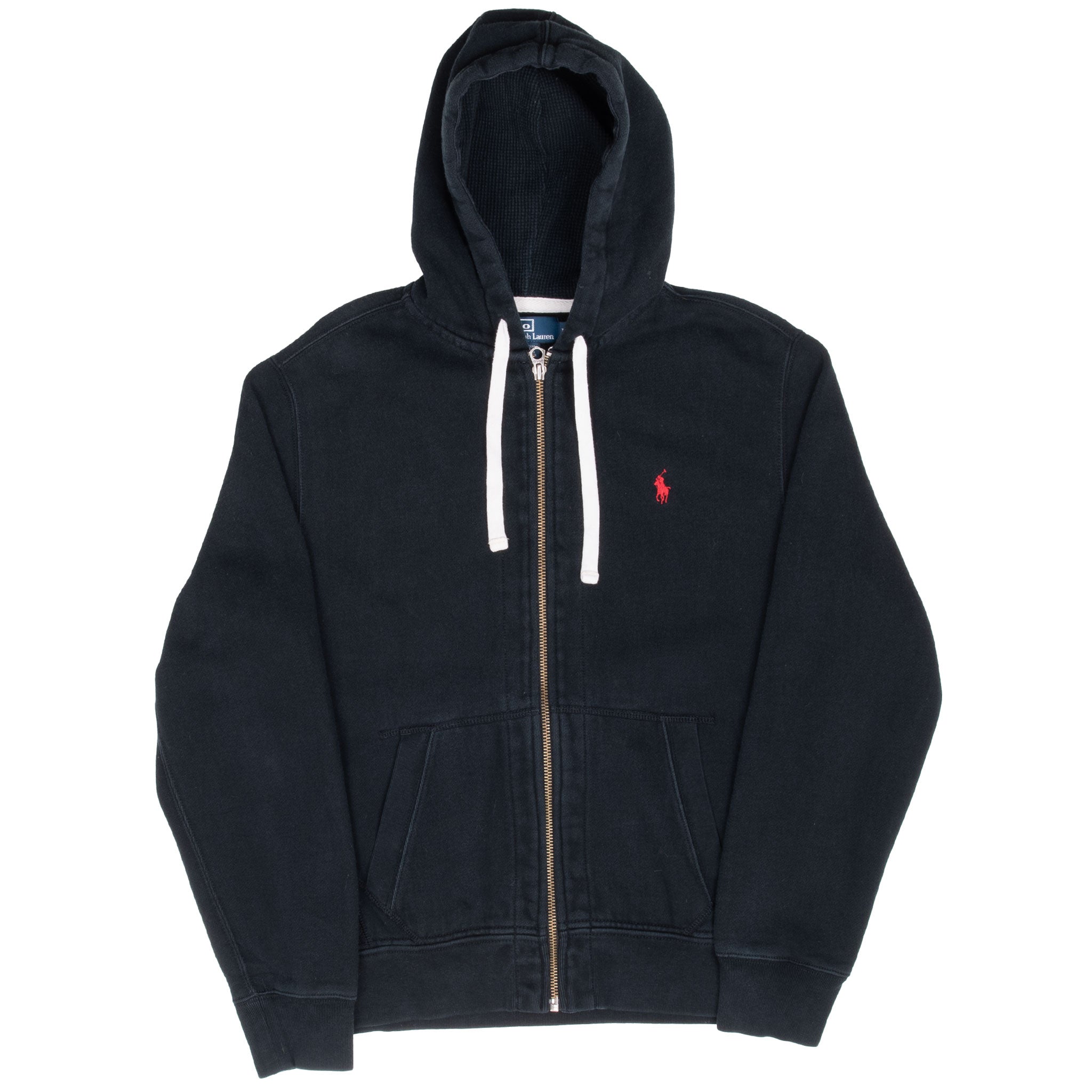 VINTAGE RALPH LAUREN FULL ZIP CLASSIC BLACK HOODIE SWEATSHIRT 1990S MEDIUM