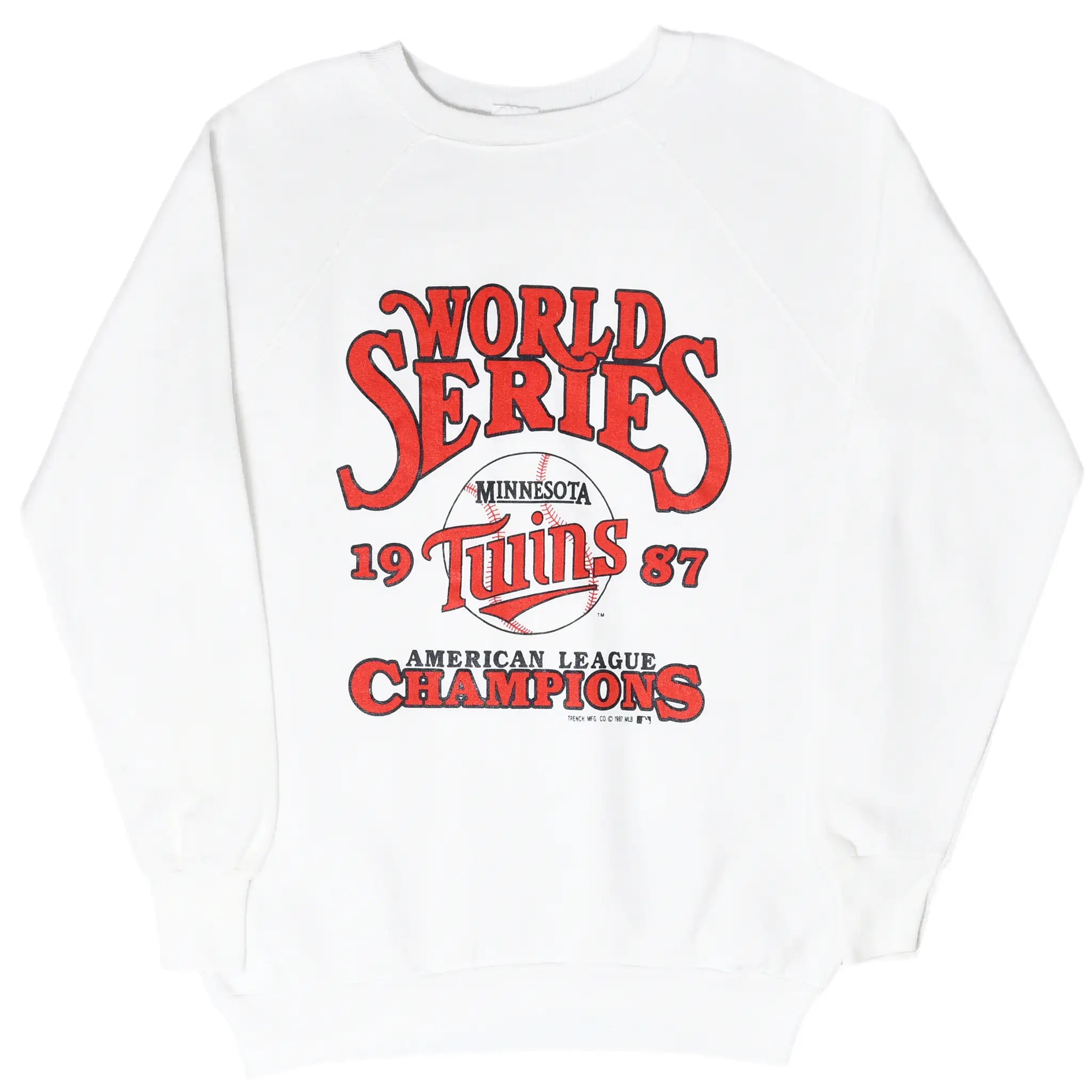 Front of white Minnesota Twins sweatshirt with red and black 1987 World Series graphic