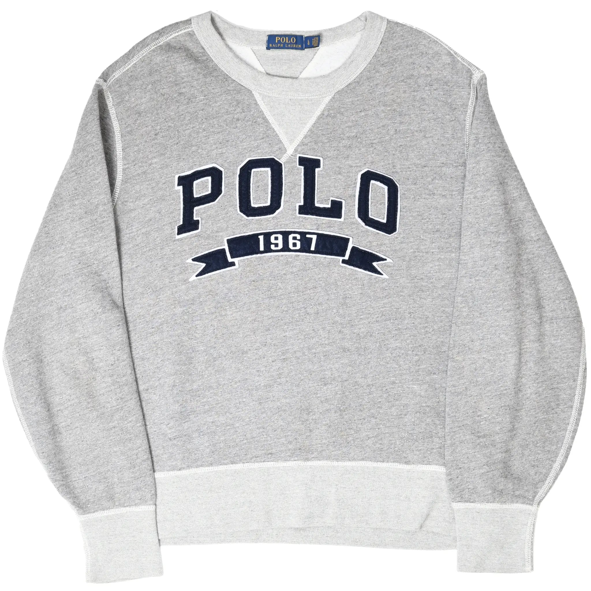 Full front of grey Polo Ralph Lauren sweatshirt with navy POLO 1967 embroidery