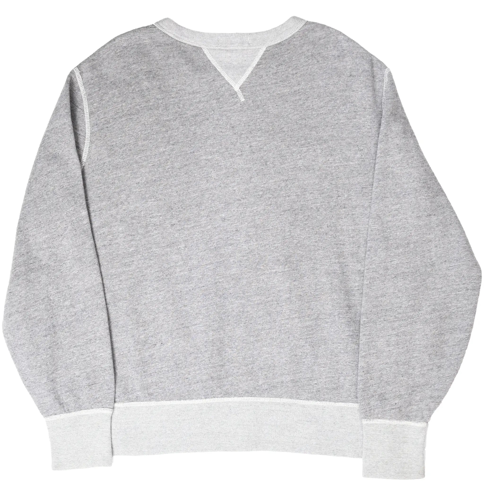 Back of grey Polo Ralph Lauren crewneck sweatshirt with light grey ribbed trim