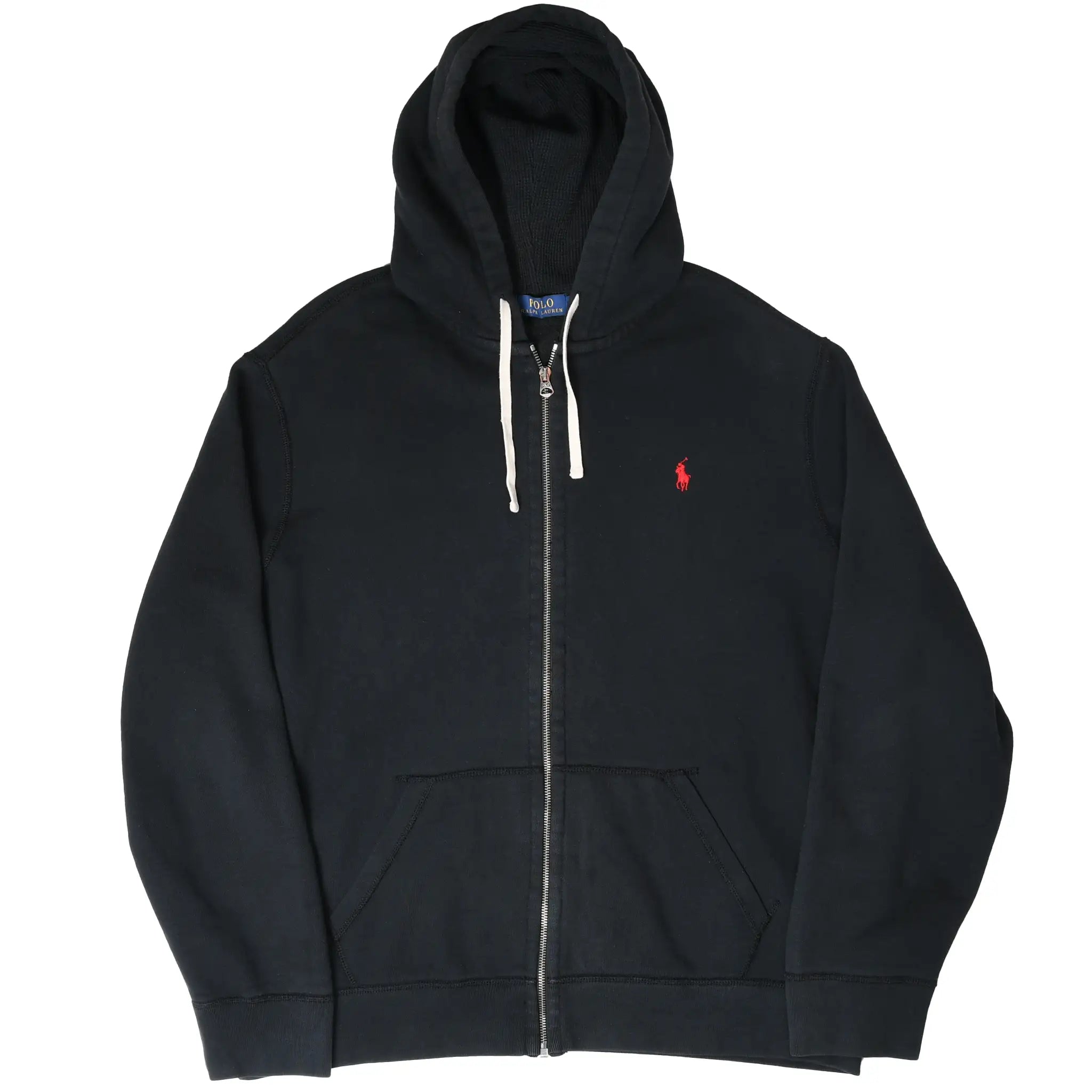 Full front view of black Polo Ralph Lauren zip hoodie with white drawstrings