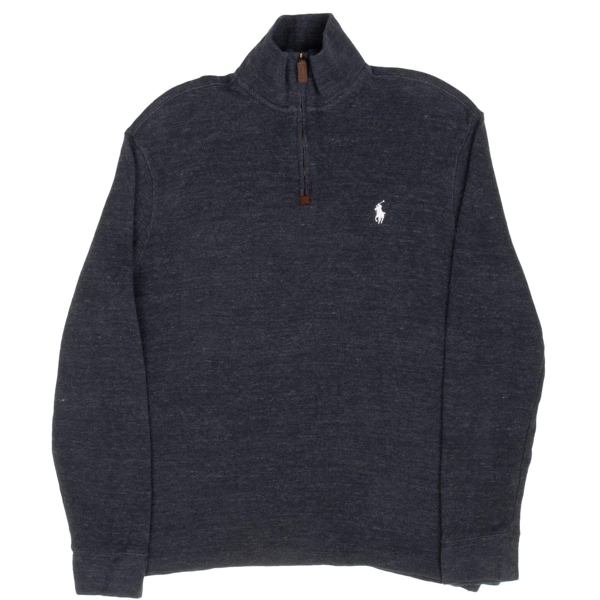 Full front view of dark grey Polo Ralph Lauren quarter-zip sweater with white pony logo