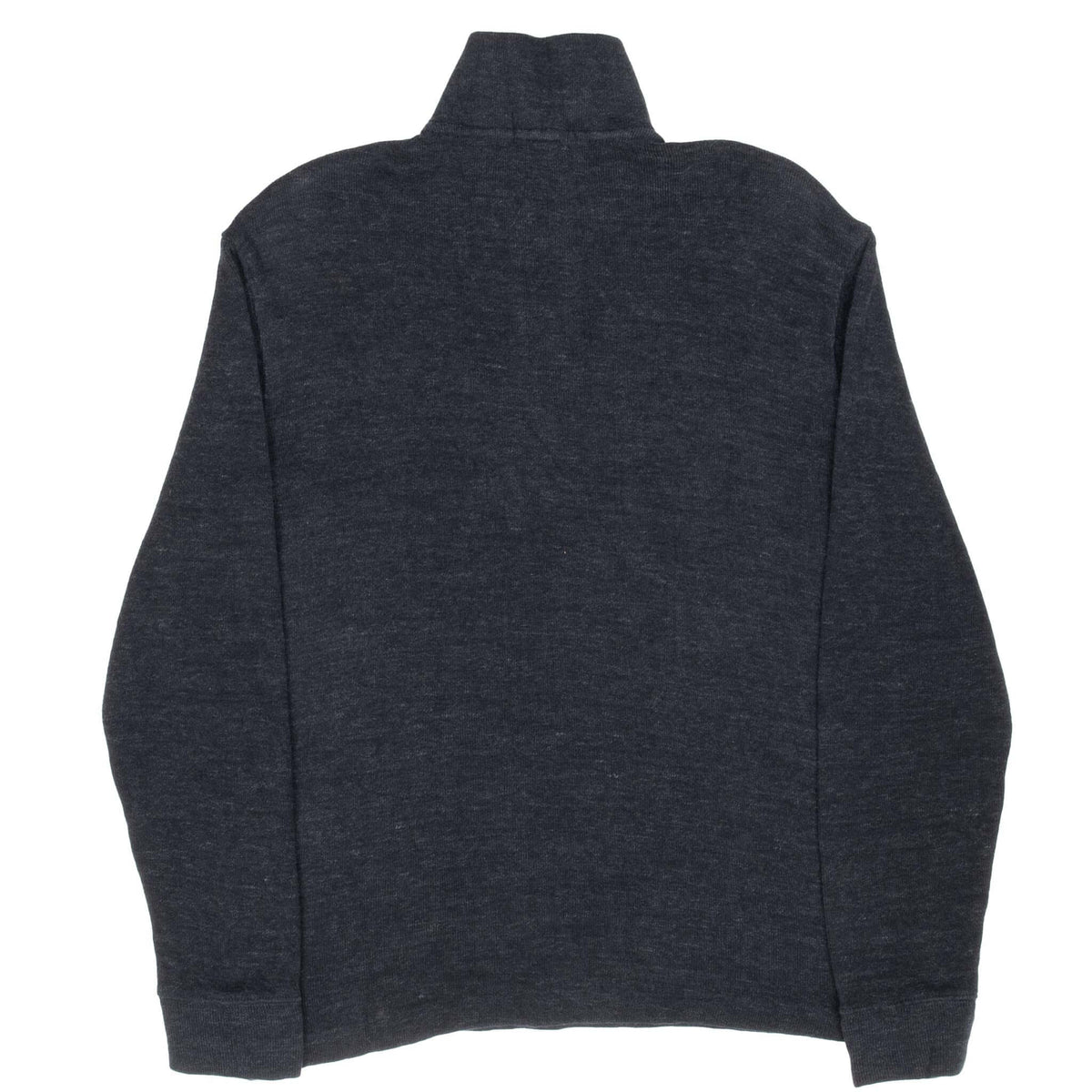 Back view of dark grey Polo Ralph Lauren quarter-zip sweater with raised collar