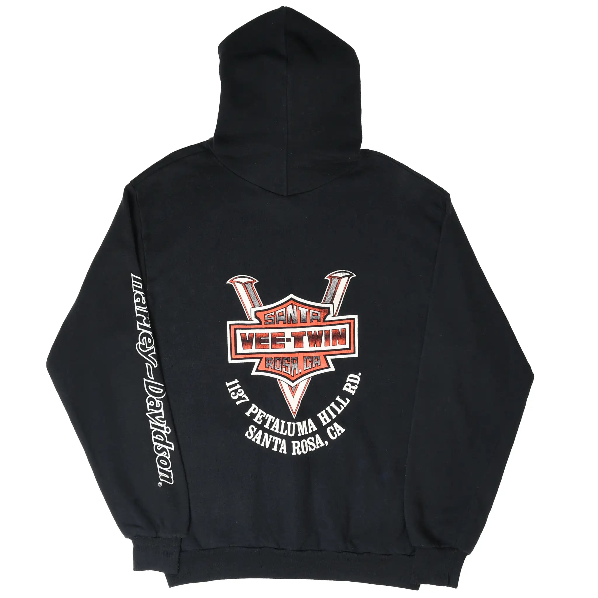 Back of black Harley-Davidson hoodie with Santa Rosa Vee-Twin graphic and sleeve print