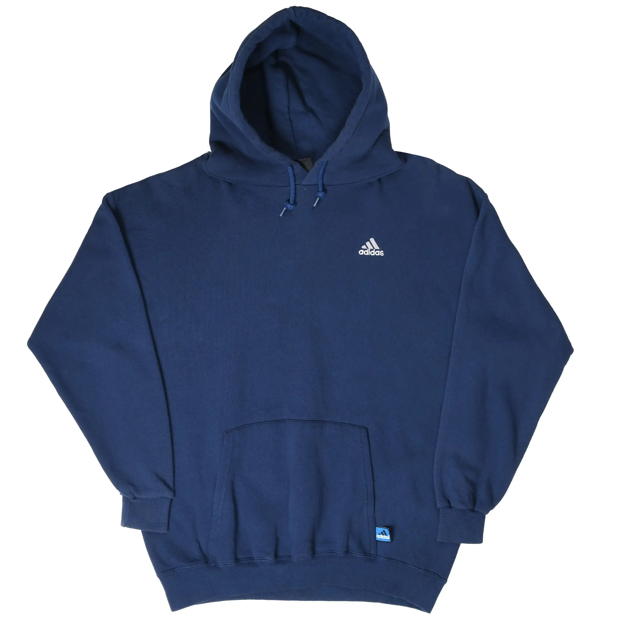 Front view of navy blue Adidas hoodie with drawstring hood, chest logo, and pouch pocket