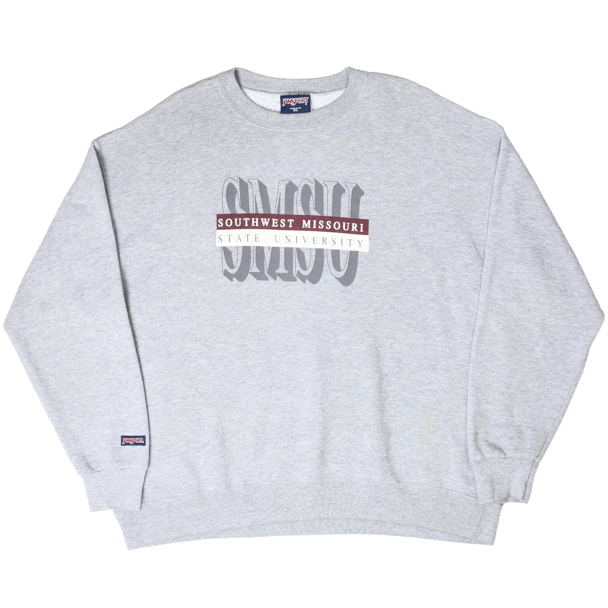 Full front view of gray Southwest Missouri State University sweatshirt