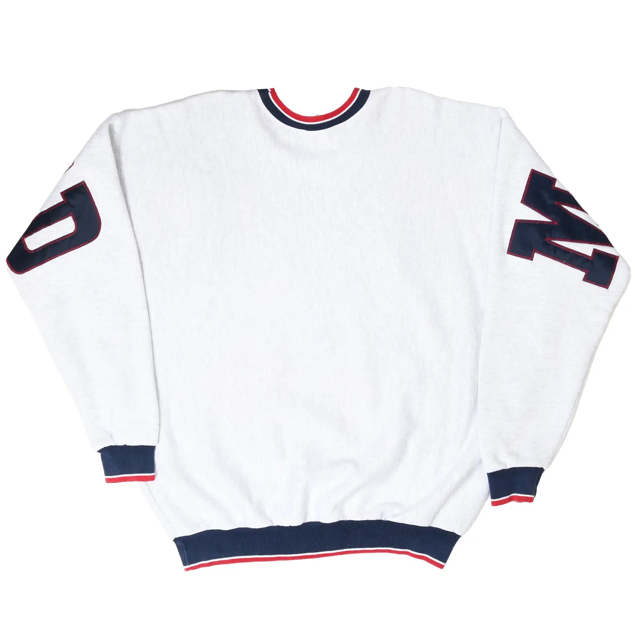 Back of white MGM Grand sweatshirt with navy and red trim and lettering across the sleeves