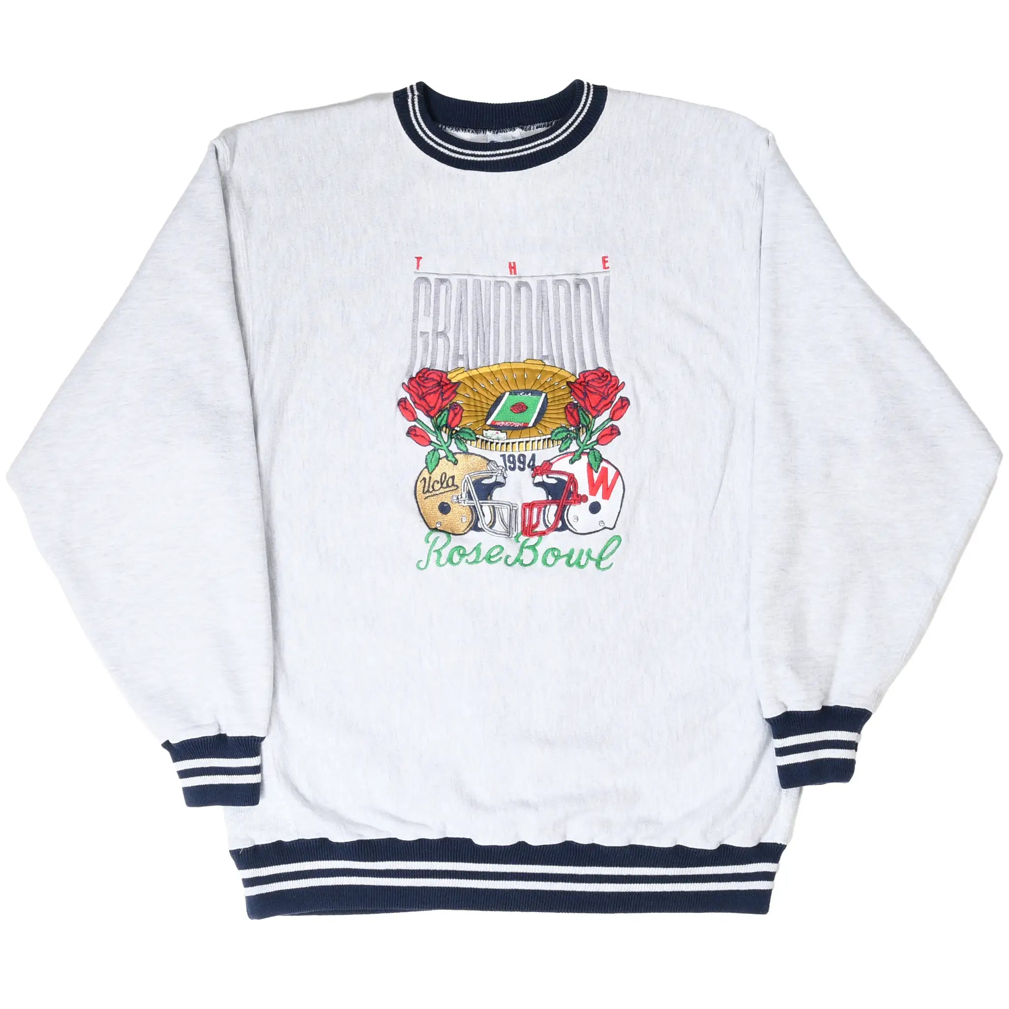 Full front view of gray Champion sweatshirt with UCLA-Wisconsin 1994 Rose Bowl embroidery