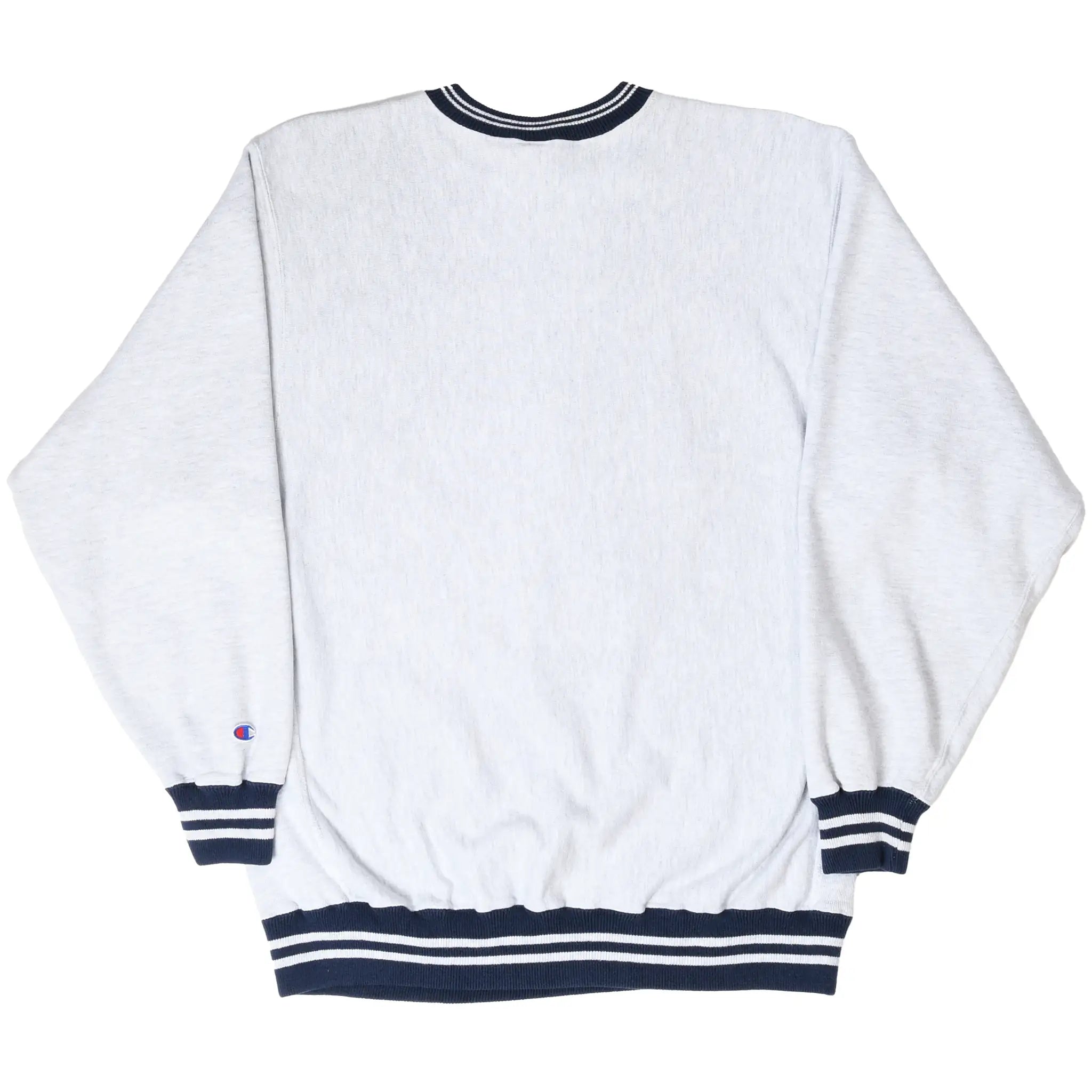 Back of gray Champion sweatshirt with navy striped collar, cuffs, and waistband