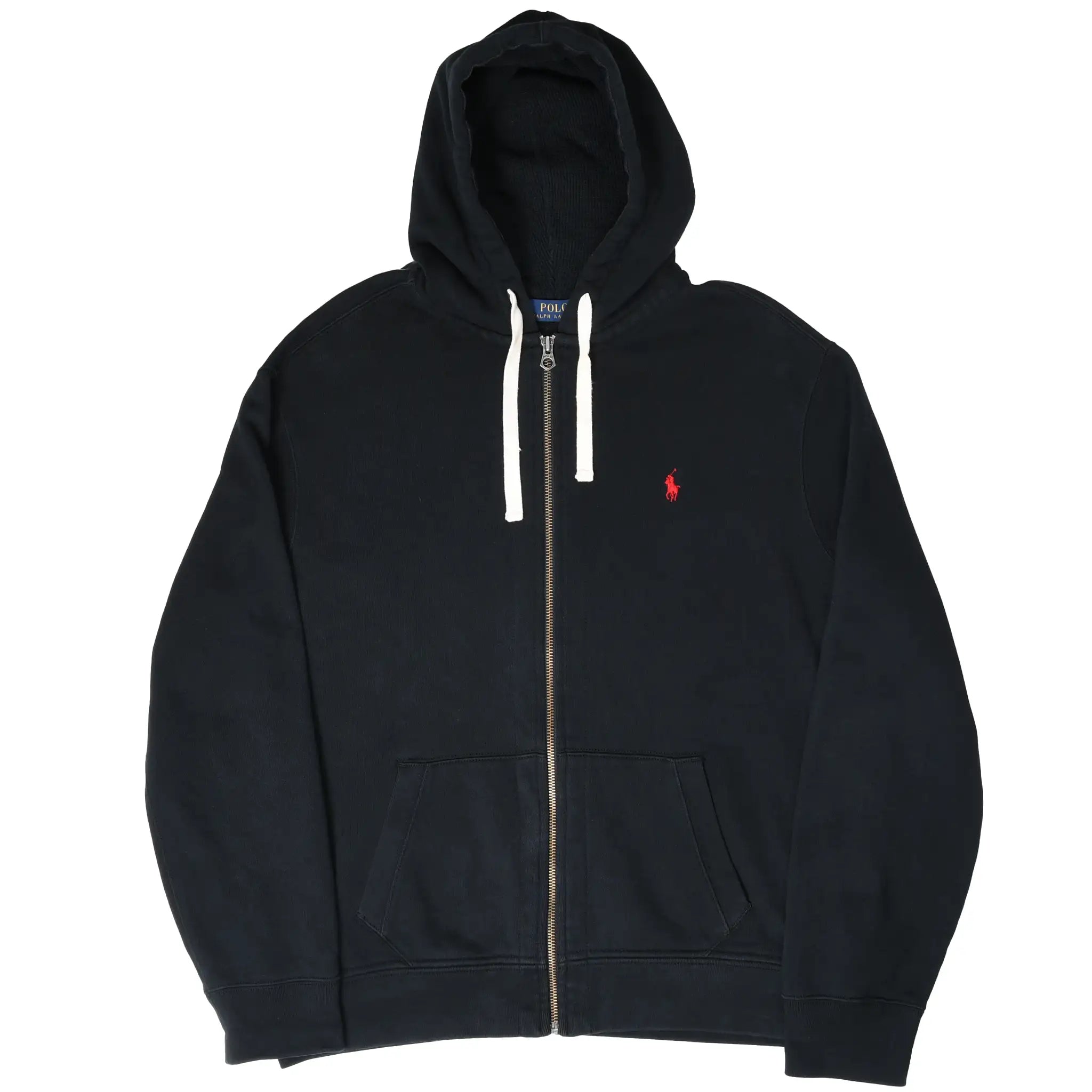 Front view of black Polo Ralph Lauren full-zip hoodie with split pouch pockets