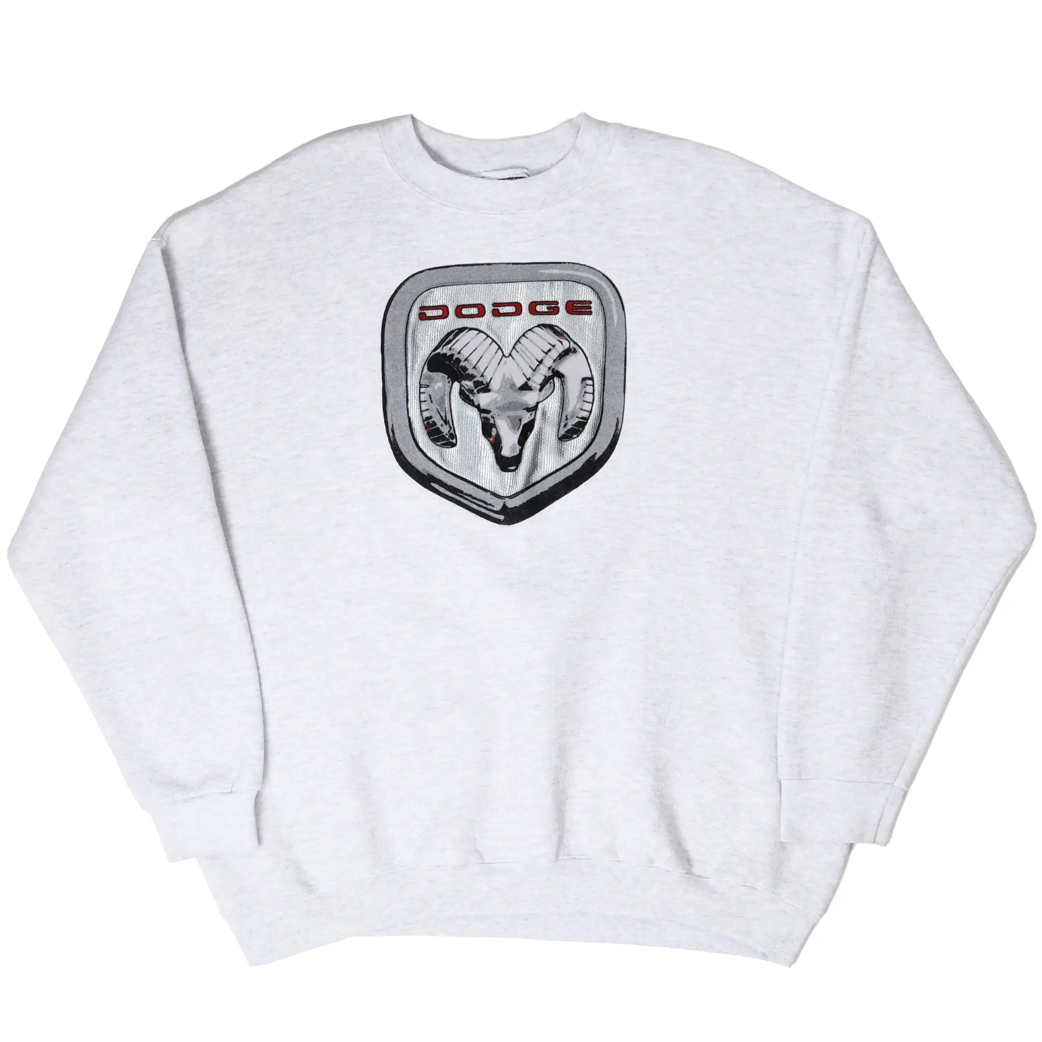 Full front view of light gray Dodge crewneck sweatshirt with ram logo
