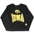 Full front of black Iowa Hawkeyes crewneck sweatshirt with gold wordmark and hawk logo