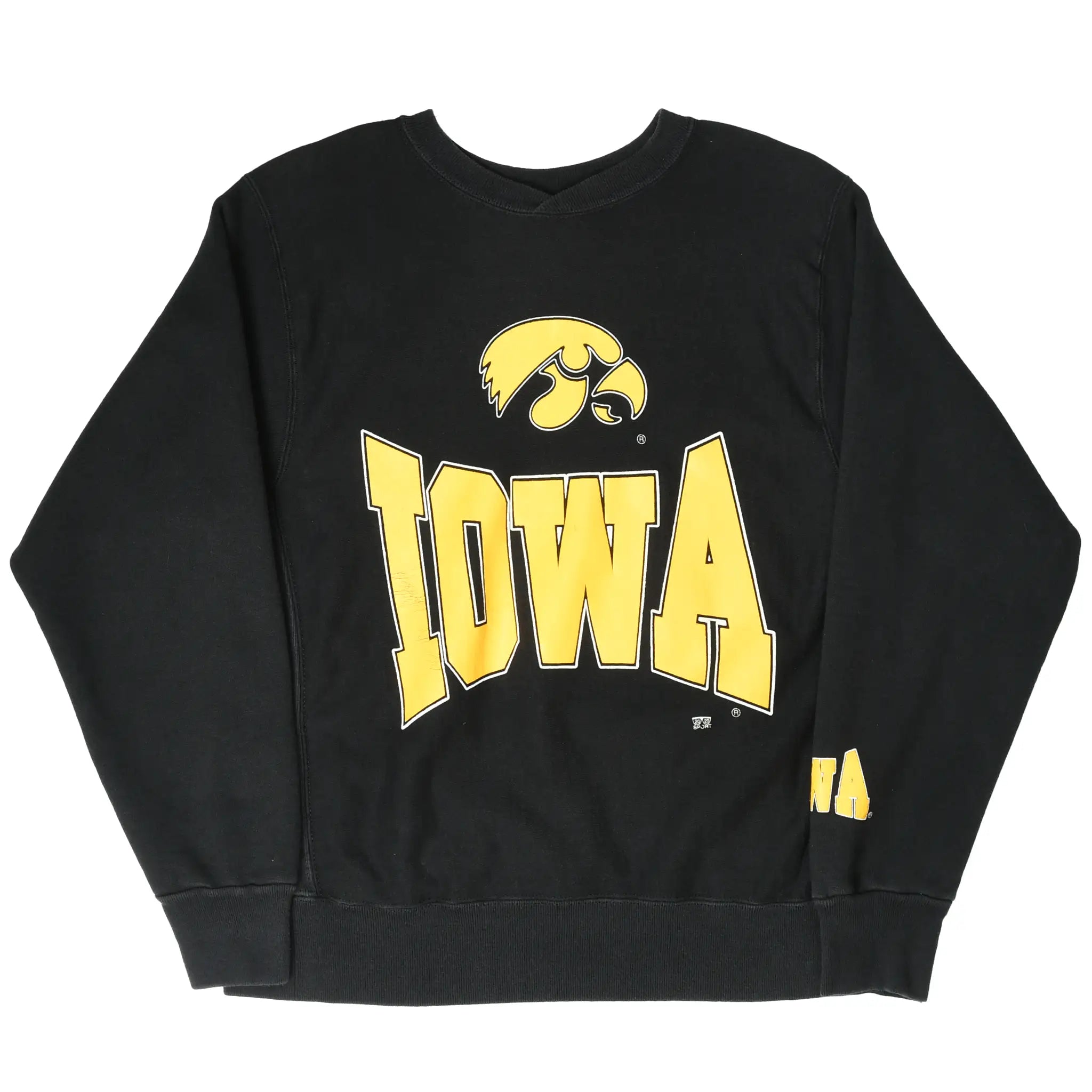 Full front of black Iowa Hawkeyes crewneck sweatshirt with gold wordmark and hawk logo